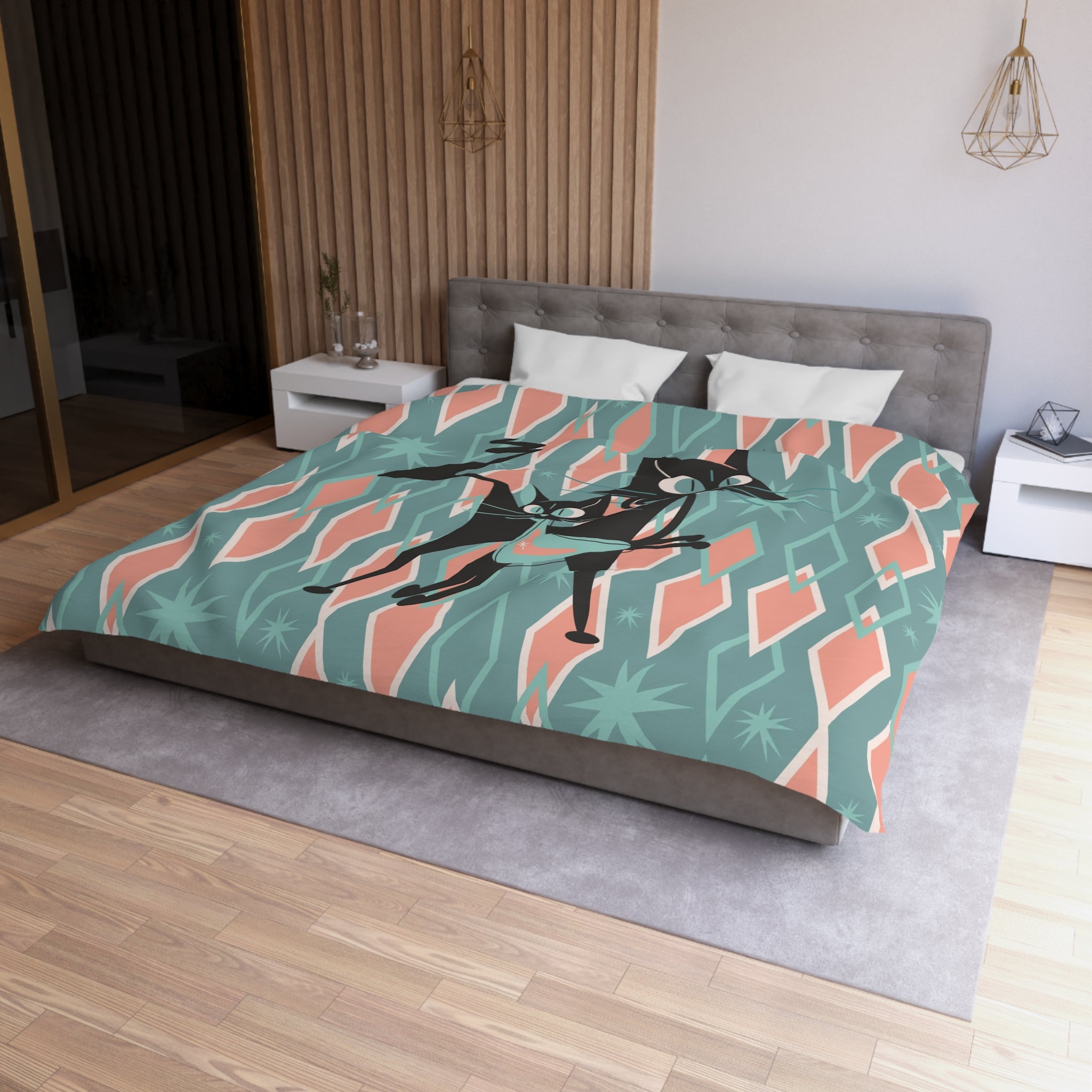 Atomic Cats Bedding, Pink, Aqua Harlequin Diamonds, Mid Century Moden Duvet Cover - Mid Century Modern Gal