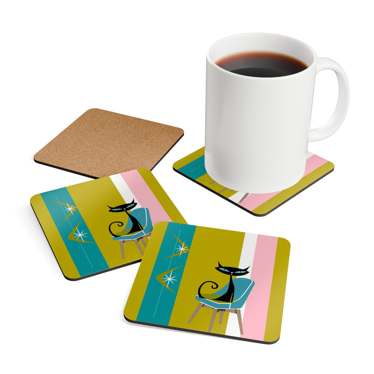 Atomic Cat Boomerang Green, Teal, Pink, White Retro 60's 70's Corkwood Coaster Set - Mid Century Modern Gal