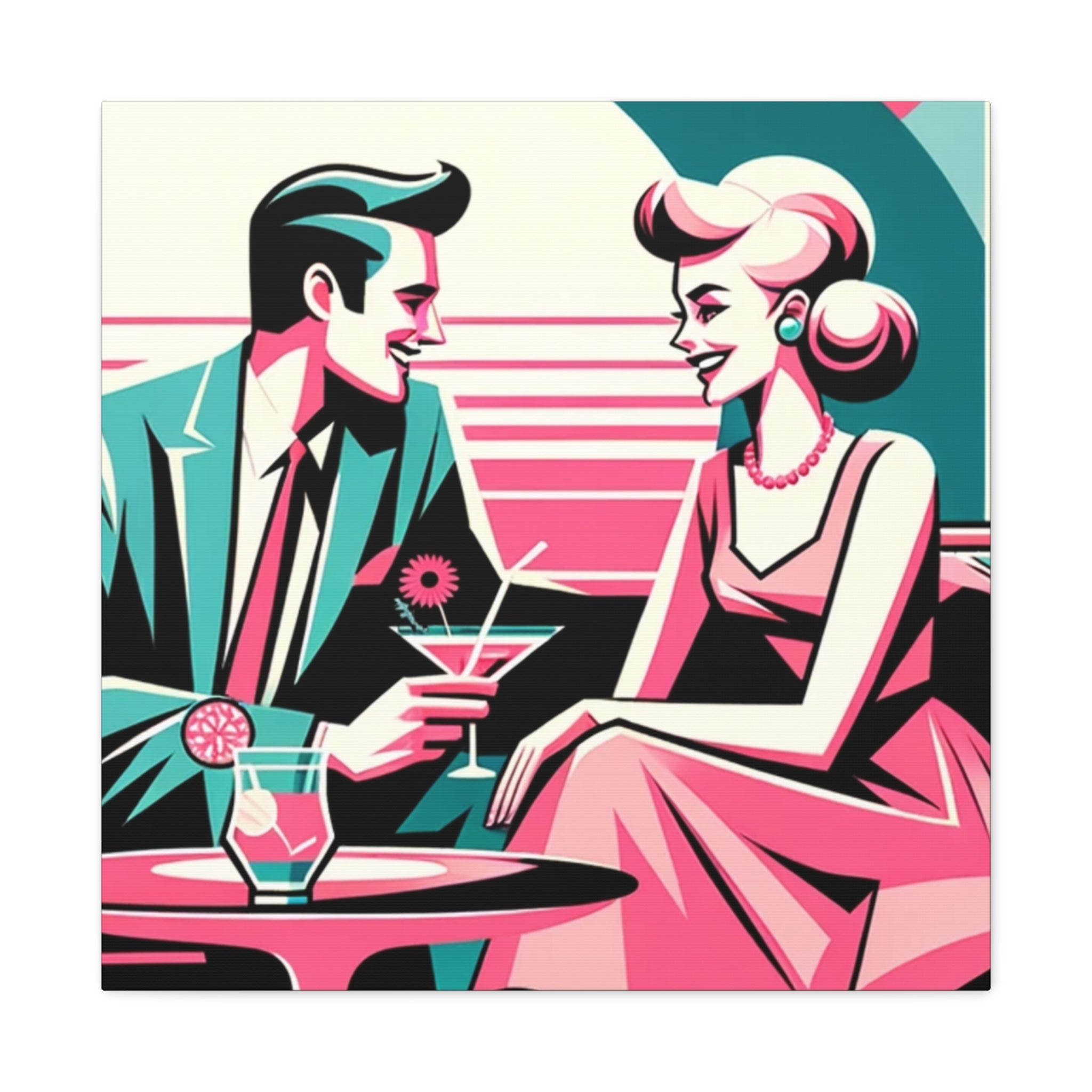 Mid Mod Retro Romance Pink, Aqua Teal Kitschy Mod Wall Art - Vintage Couple Design - Mid Century Modern Gal