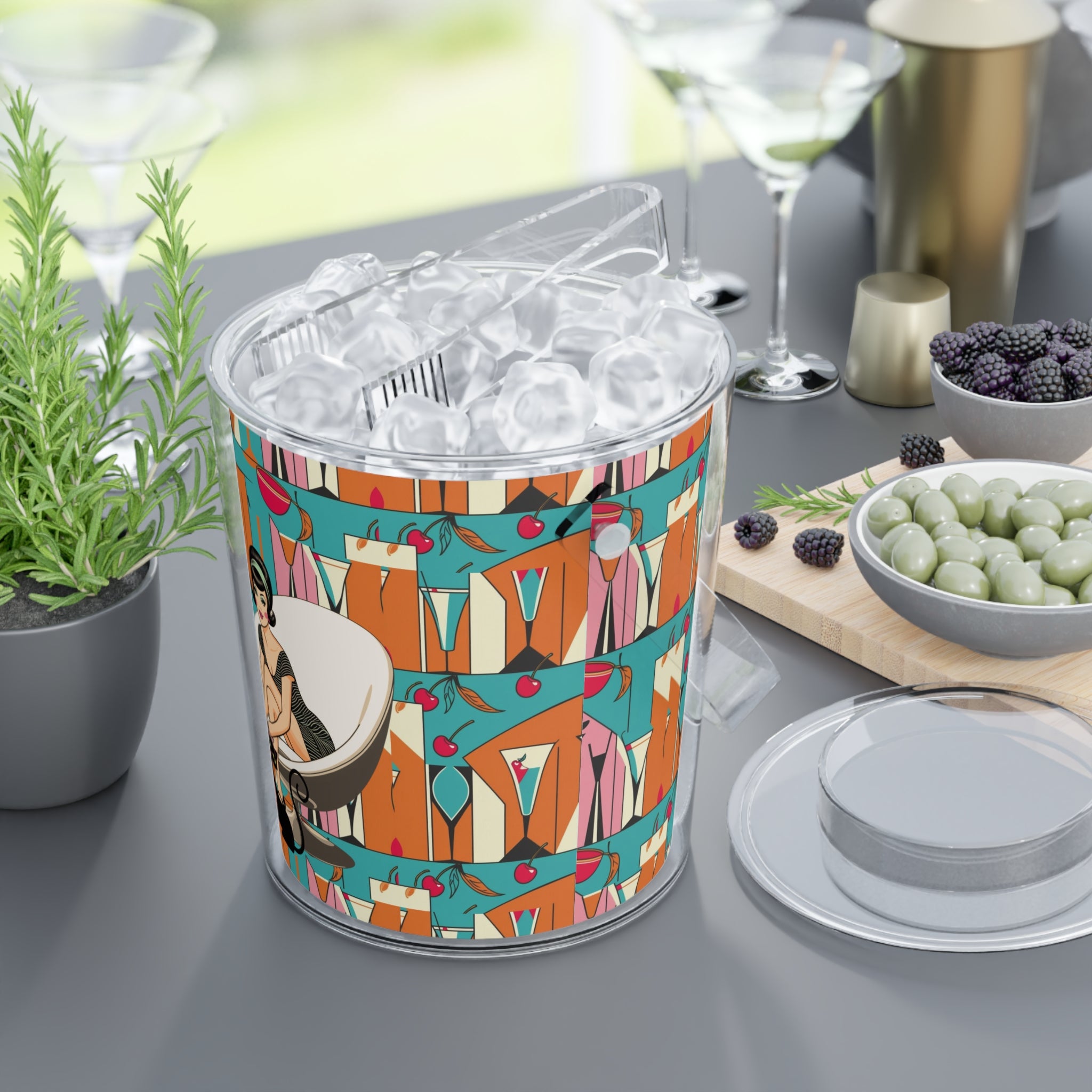 Mid Century Modern Barware Retro Cocktai Kitschy Mod Gal 60s l Ice Bucket with Tongs - Vintage Chic Party Essential - Mid Century Modern Gal