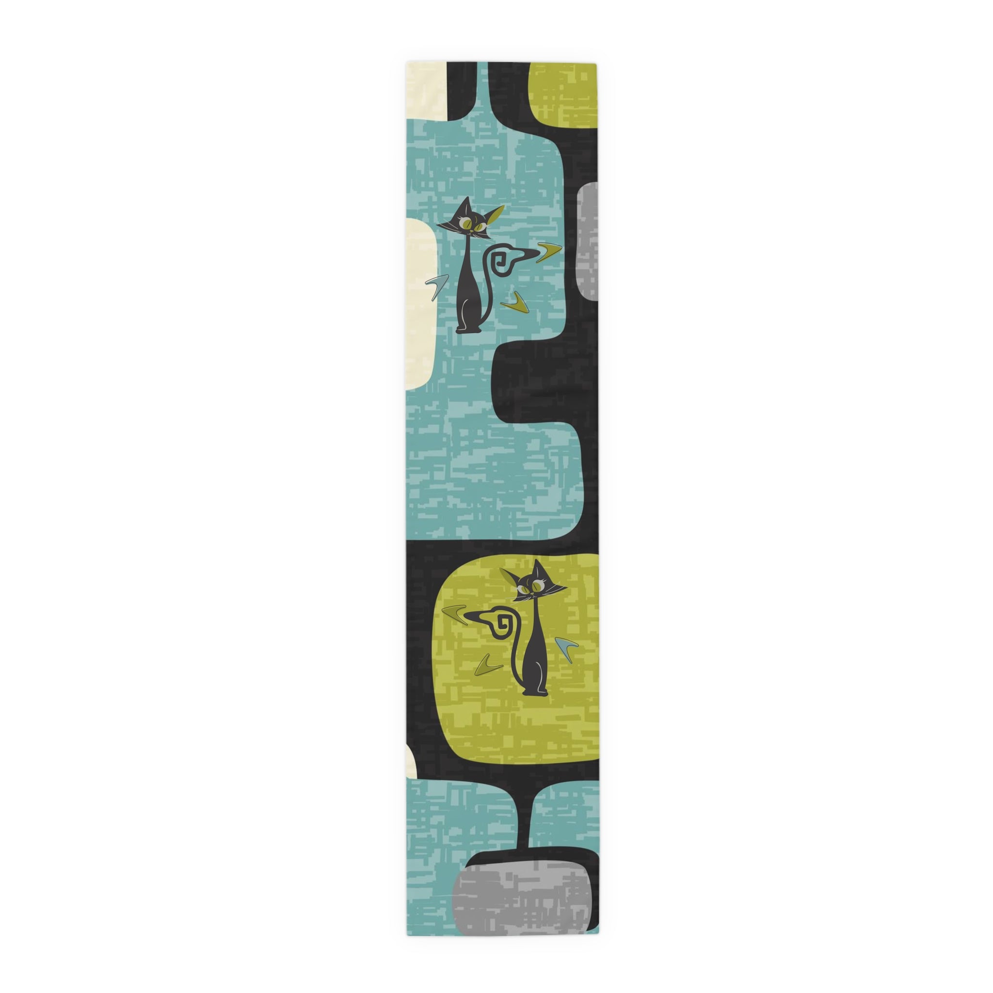 Mid Century Modern Table Runner, Atomic Kitties, Black Cats, Boomerangs Geometric Designed, Aqua, Green, Blue, Black, MCM Table Runner - Mid Century Modern Gal