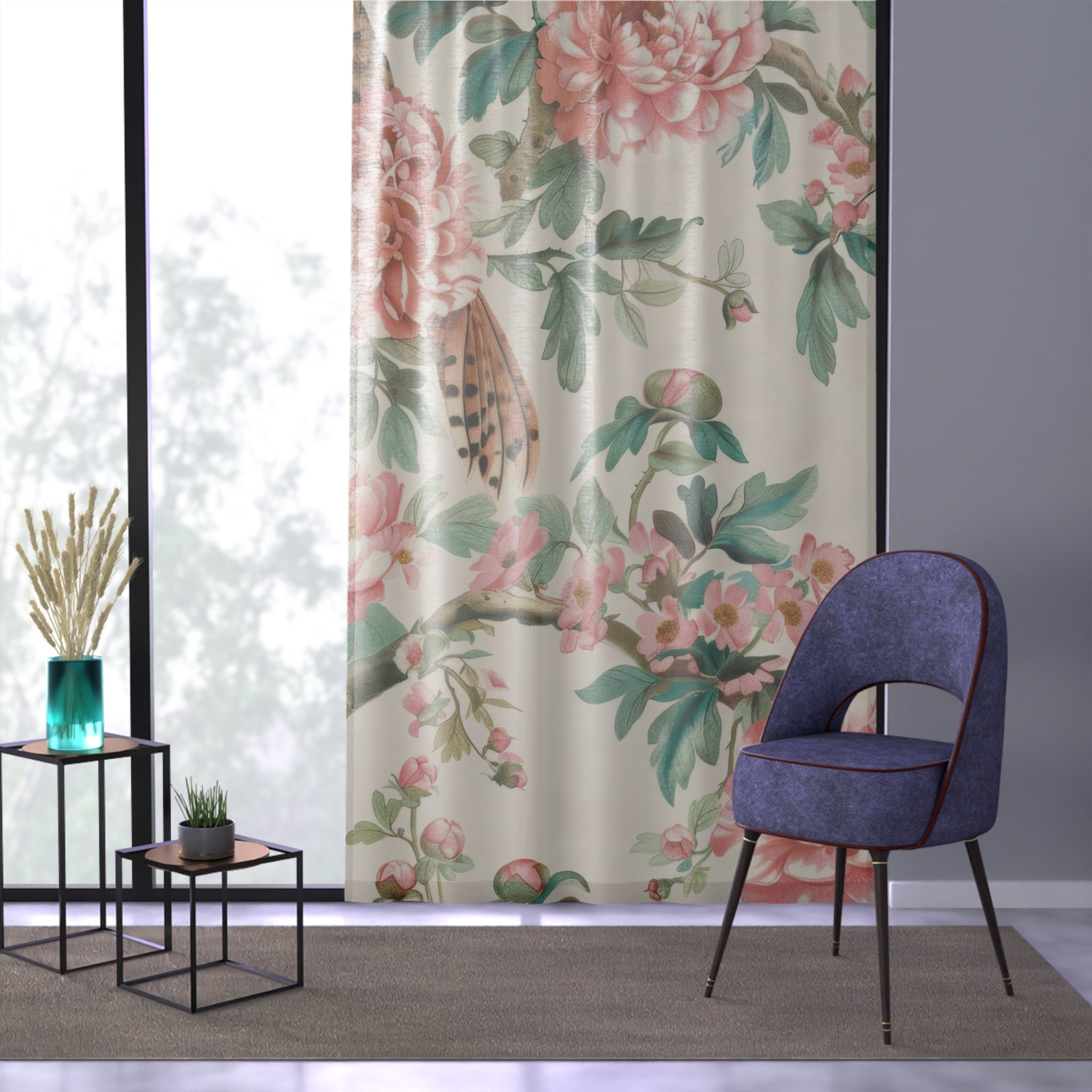 Chinoiserie Window Curtains Floral Window Curtain - Elegant Pink Peony Design for Home Décor - Mid Century Modern Gal