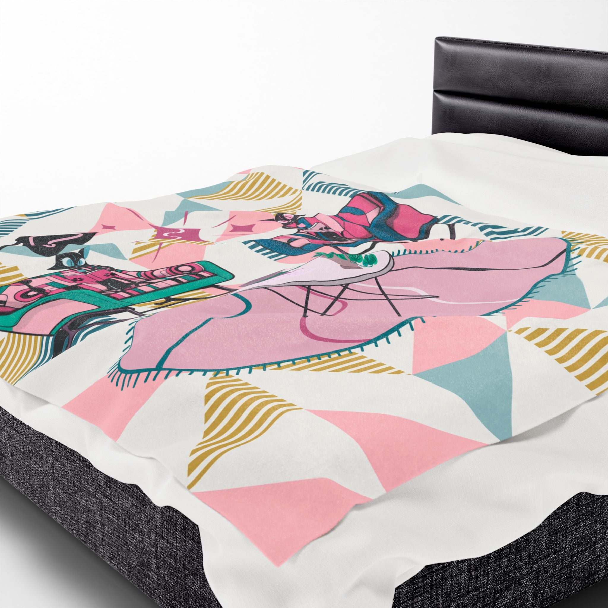 Atomic Cats Reading Blanket Mid-Century Modern, Book Lover, Book Club Gift Plush Blanket - Cozy Retro Home Decor - Mid Century Modern Gal