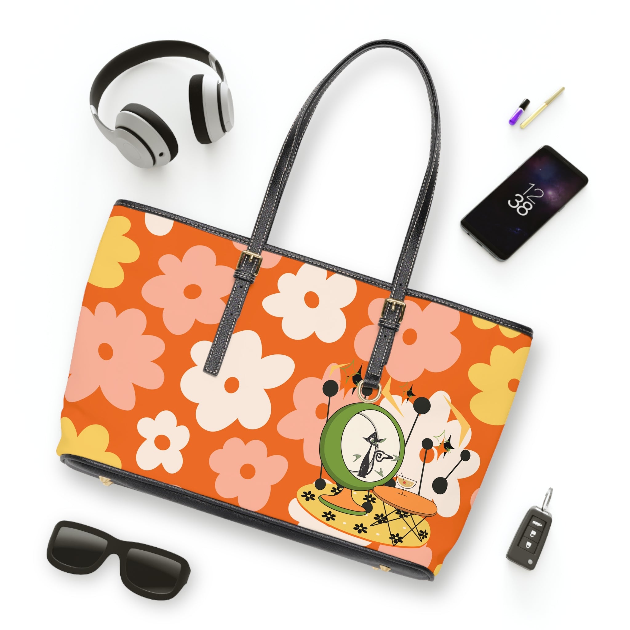 Atomic Cat Handbag, Shoulder Bag, Retro Summer Vibes Funky Floral Stylish Tote for Everyday Use - Mid Century Modern Gal