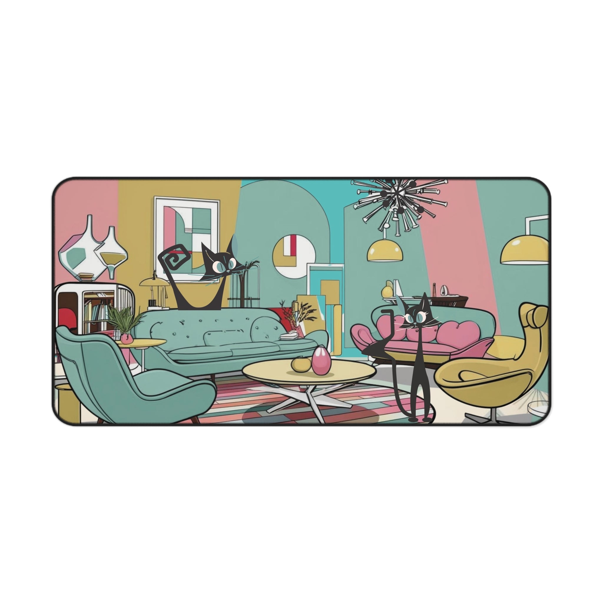 Mid-Century Modern Atomic Kitschy Cats Desk Mat - Stylish Home Office Decor - Mid Century Modern Gal