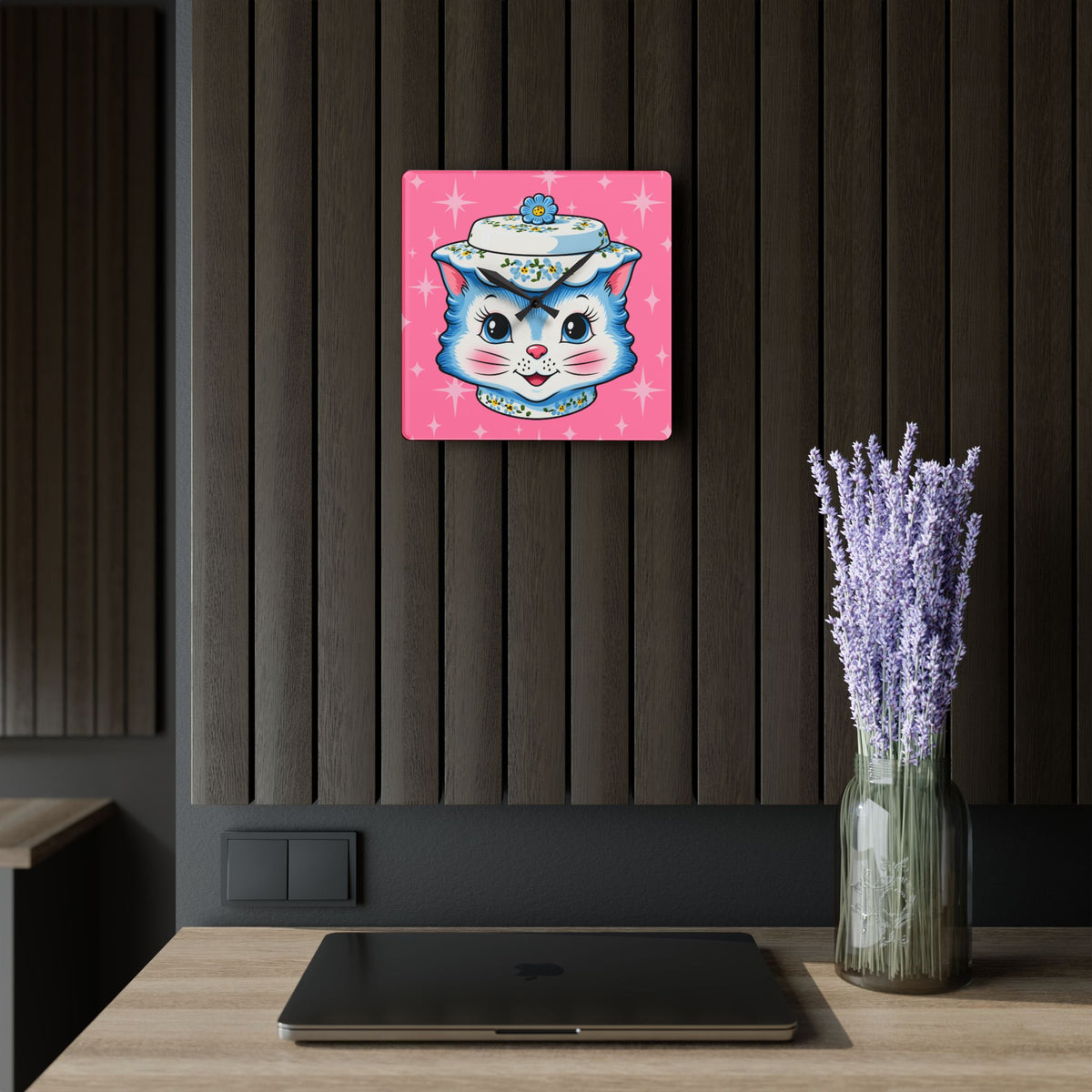 Mid Century Modern Kitschy Anthropomorphic Blue Cat with Floral Hat Acrylic Wall Clock