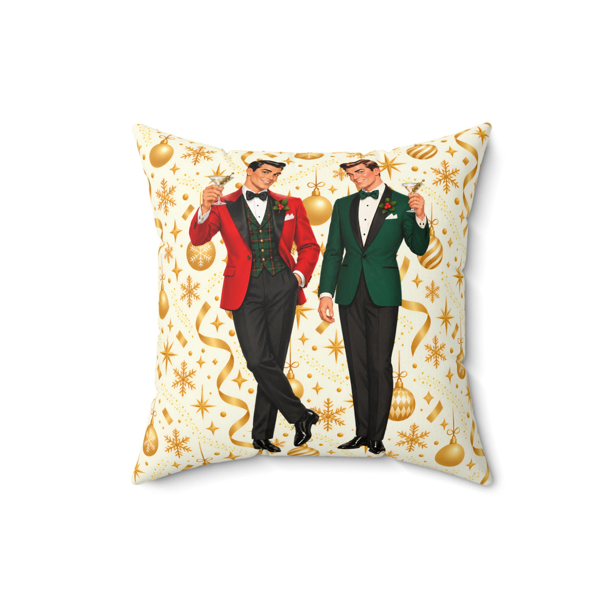 Mid Century Modern Christmas Martini Dapper Gay Male Couple Pillow Cover and Insert