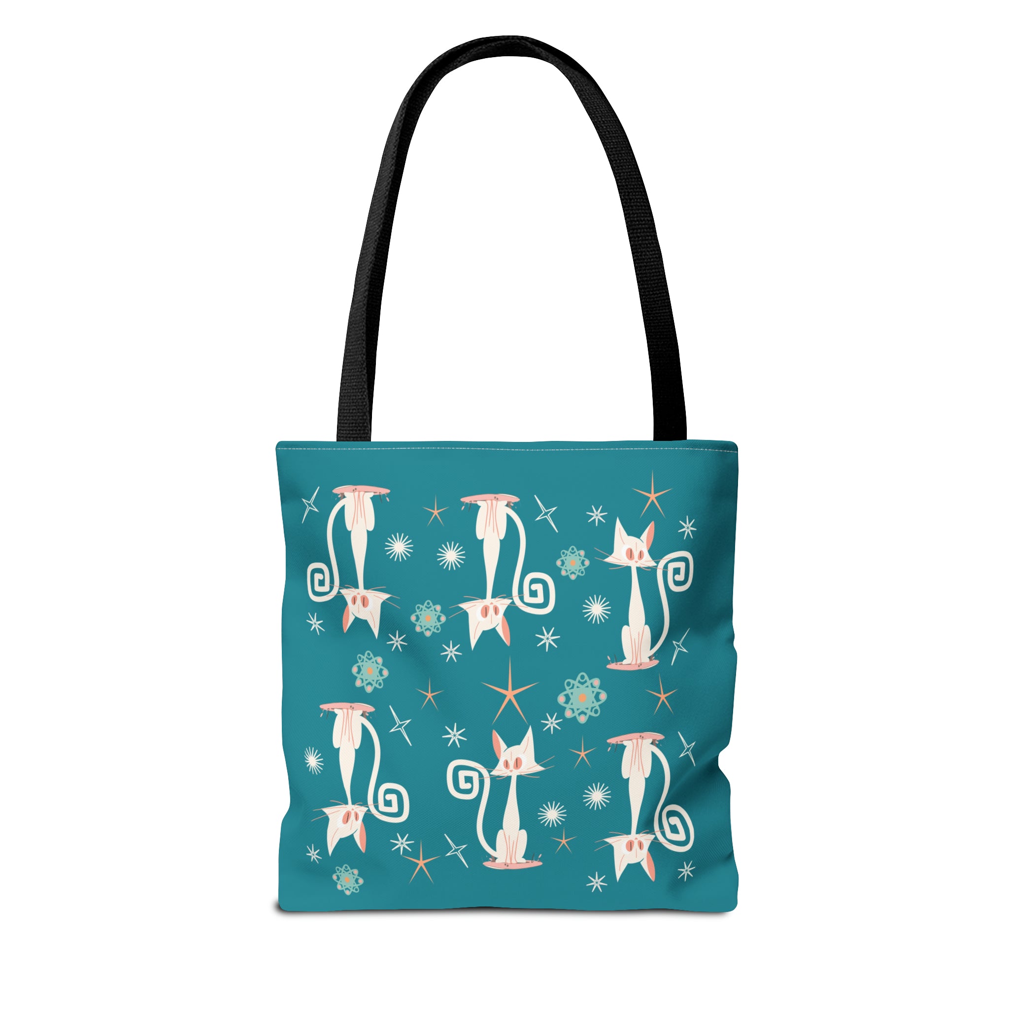 Atomic Kitties, White Kitschy Cats, Coral, Teal, Atomic Age Mid Century Modern Tote Bag - Mid Century Modern Gal