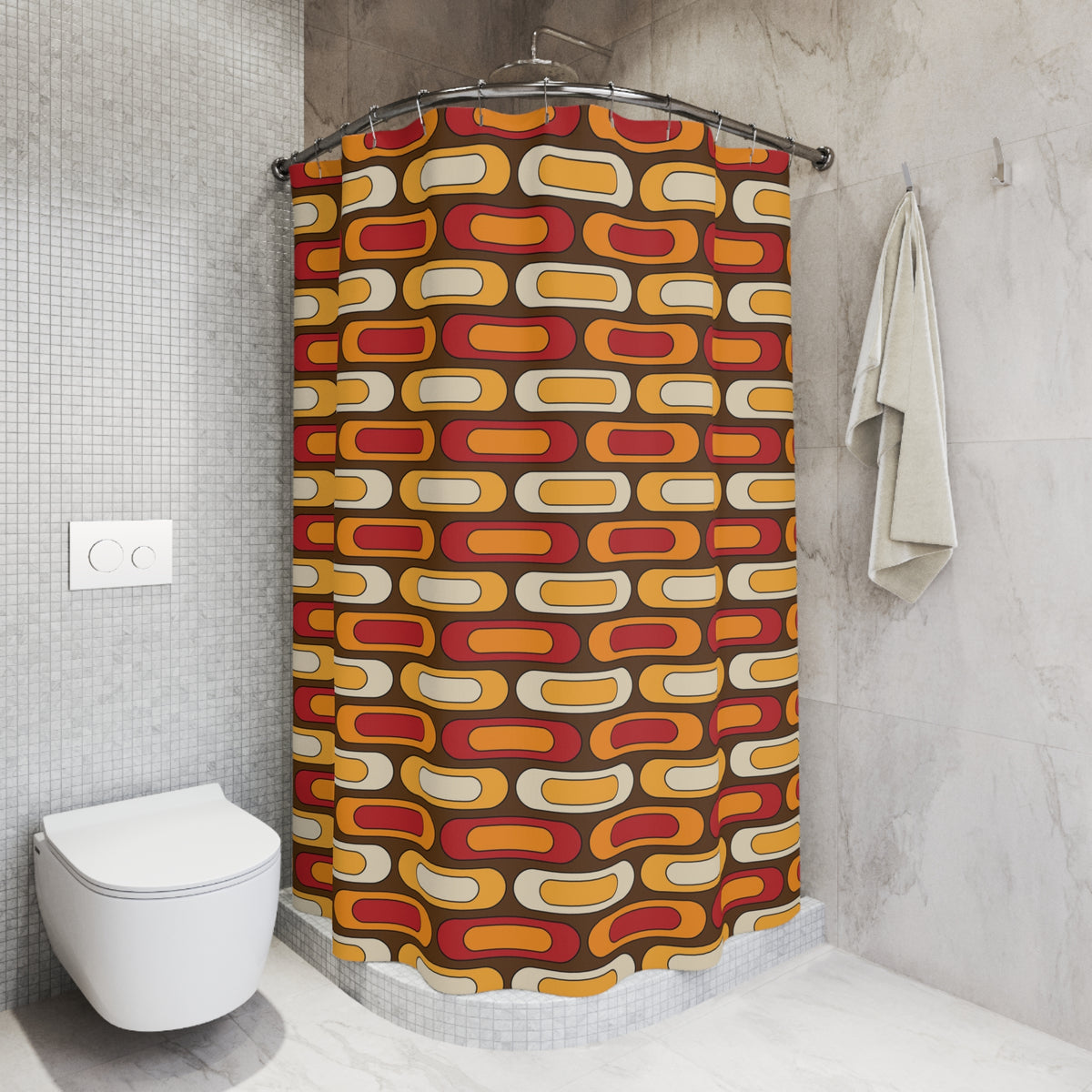 Retro Geometric Mid Mod Brown Orange Yellow, Burnt Red MCM Shower Curtain - Mid Century Modern Gal