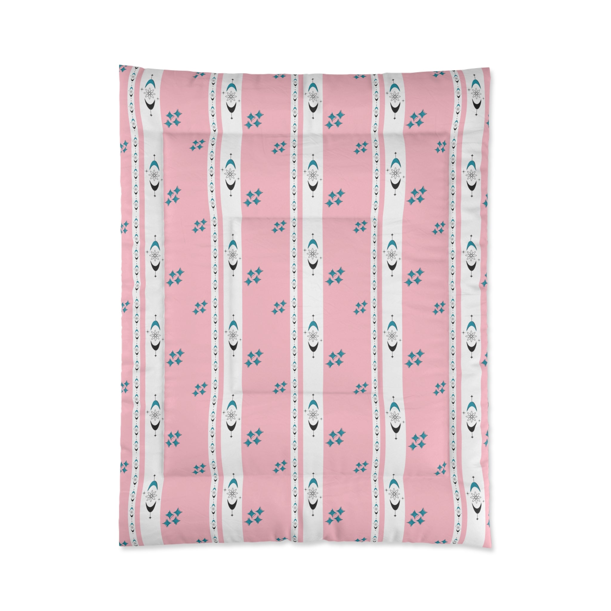 Atomic 50s Pink, Starbursts, Mid ModChic Comforter with Pink and Teal Pattern for Cozy Bedrooms - Mid Century Modern Gal