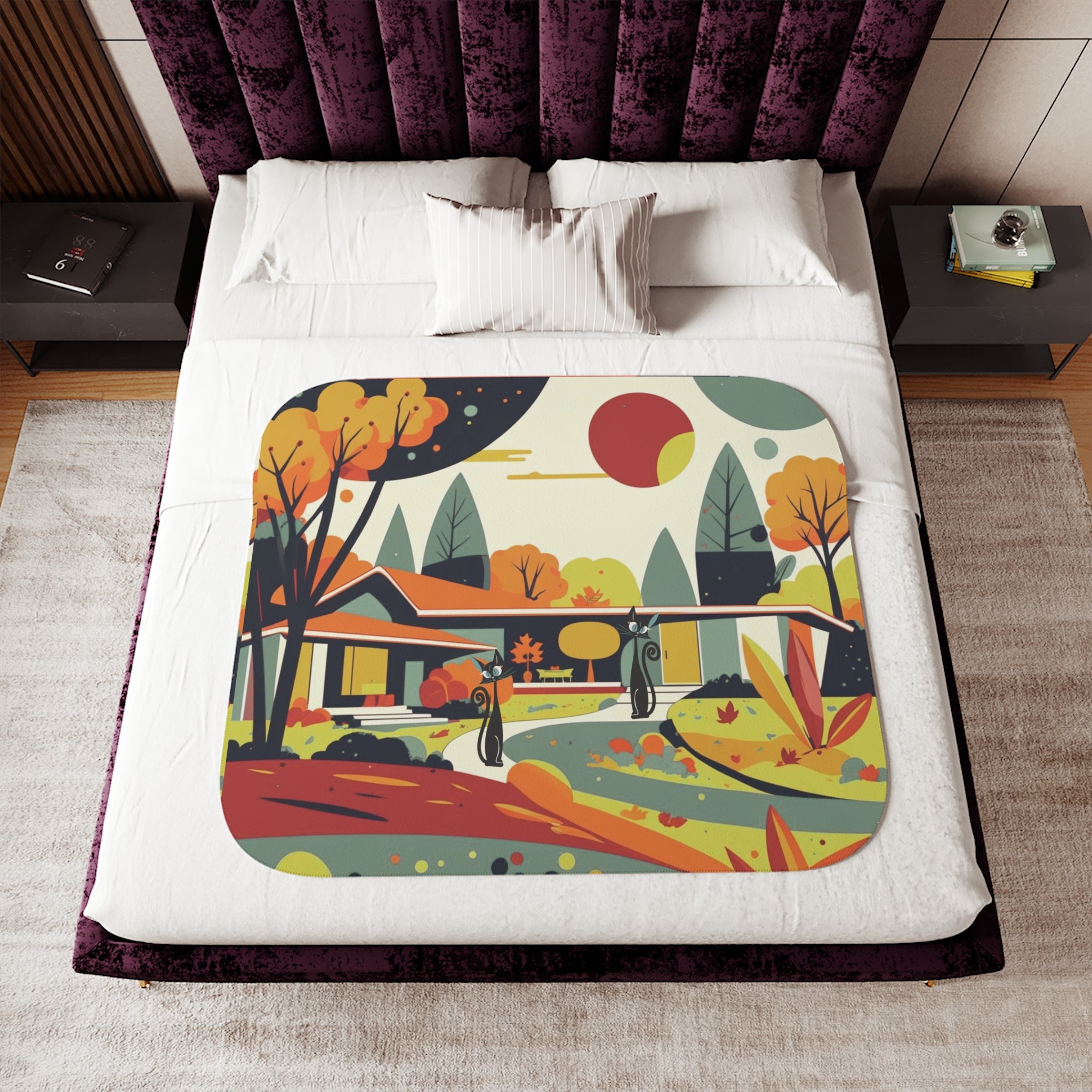 Scandinavian Floral Mid Century Modern Atomic Cat Kitschy Seasonal Sherpa Blanket - Mid Century Modern Gal
