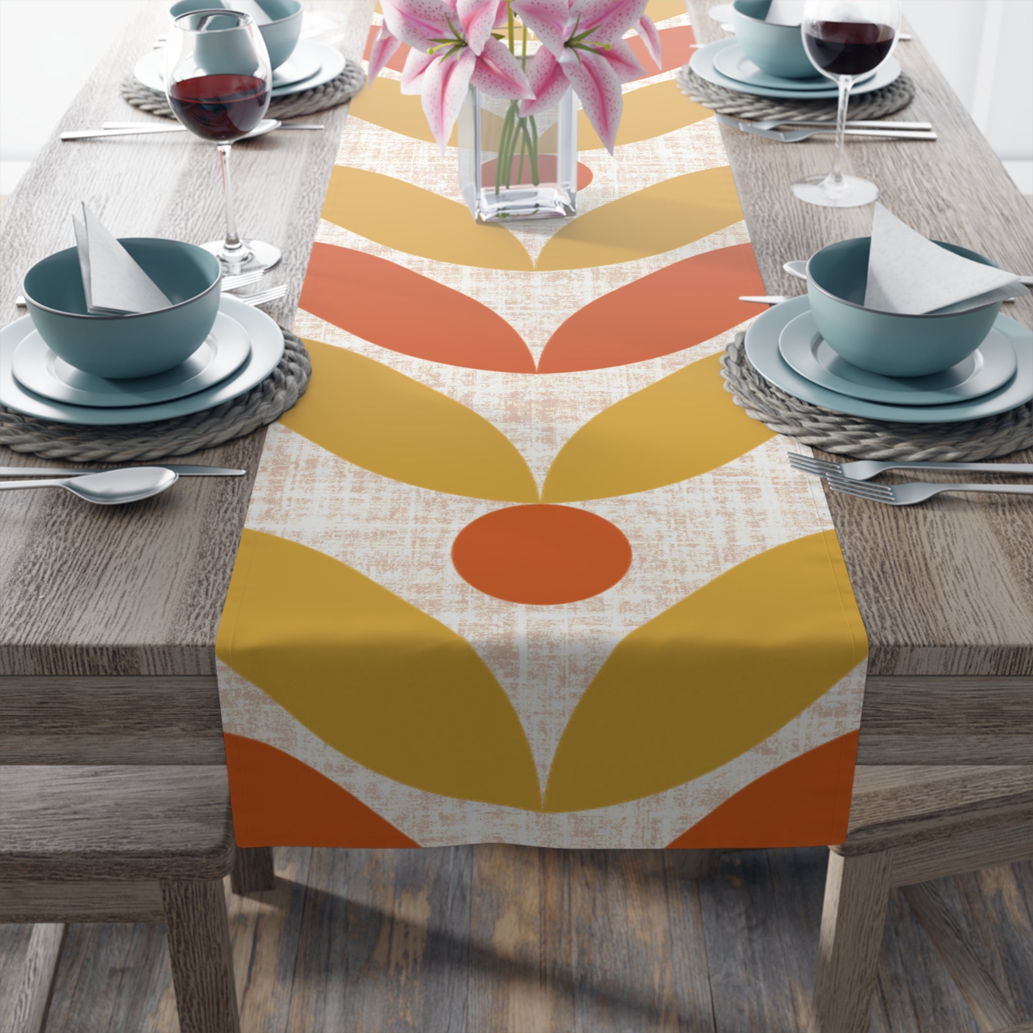 Mid Mod Scandinavian Flower, Orange Yellow Retro Table Runner - Mid Century Modern Gal