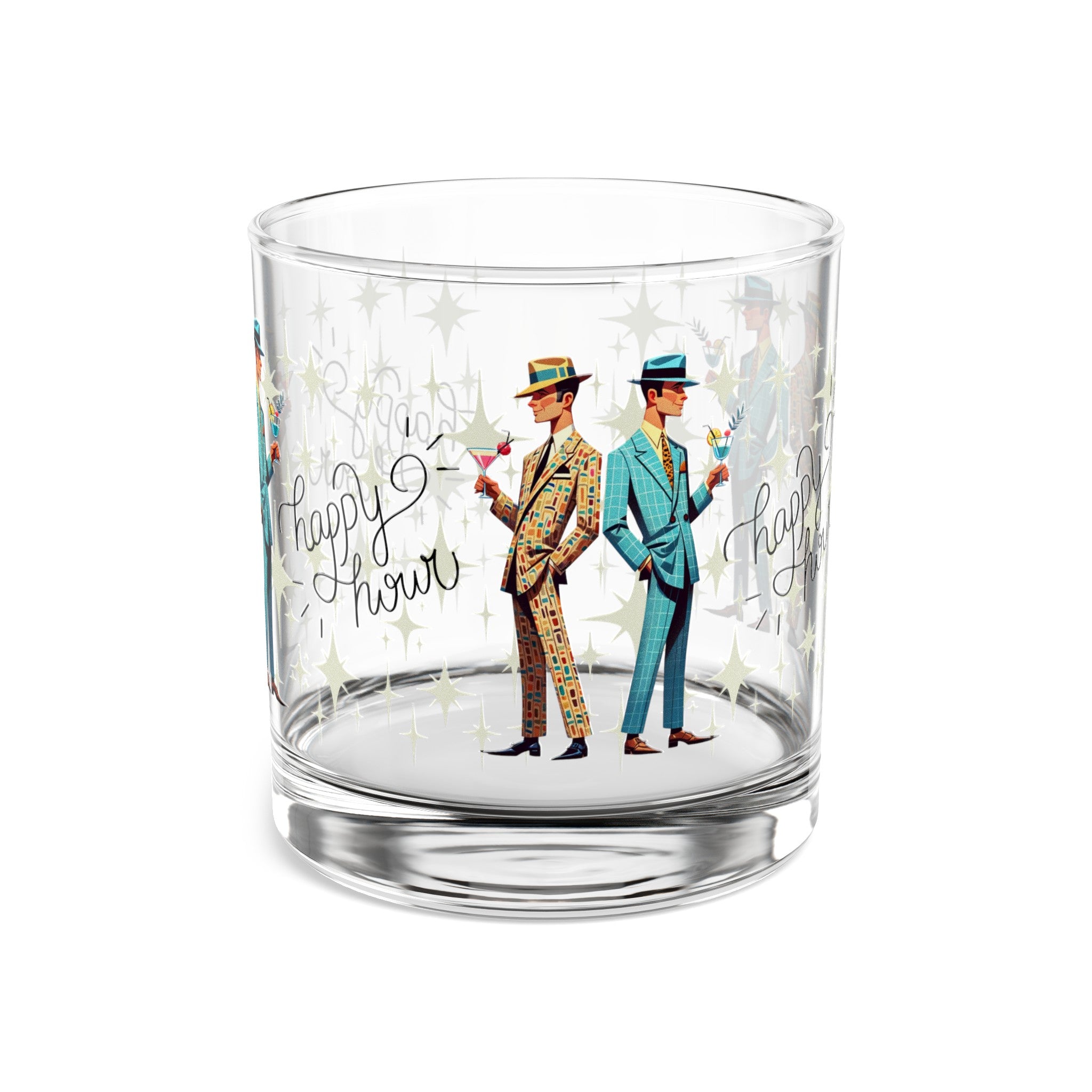 Mid Century Dapper Dudes, Gay Male Couple, Atomic Starburst Happy Hour Rock Glass, 10oz - Mid Century Modern Gal
