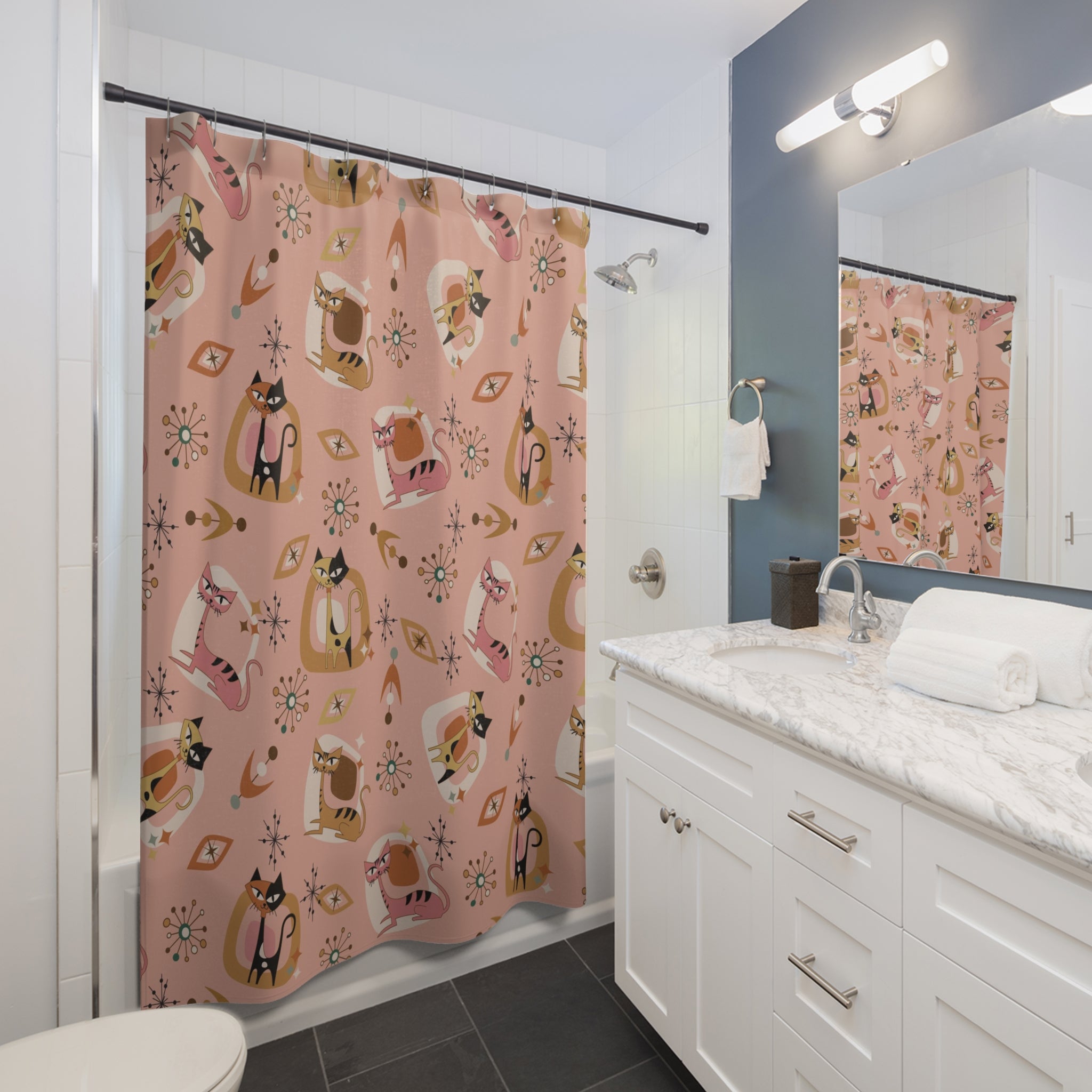 Atomic Cat Shower Curtain 50s Kitschy MCM Gal, Pink, Mid Mod Bath Decor - Mid Century Modern Gal