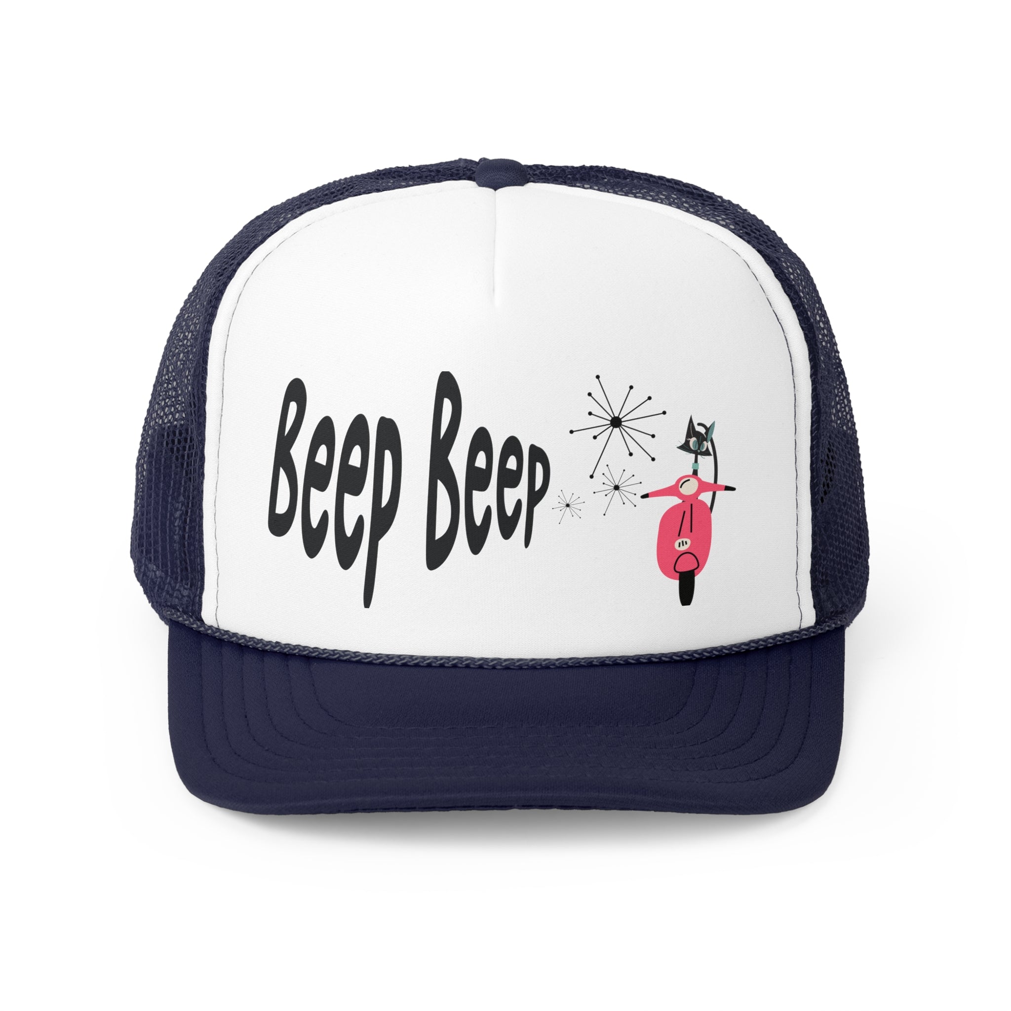 Atomic Cat Funny Beep Beep, Retro Summer Lightweight Trucker Caps, Kitschy Fun Atomic Gift - Mid Century Modern Gal