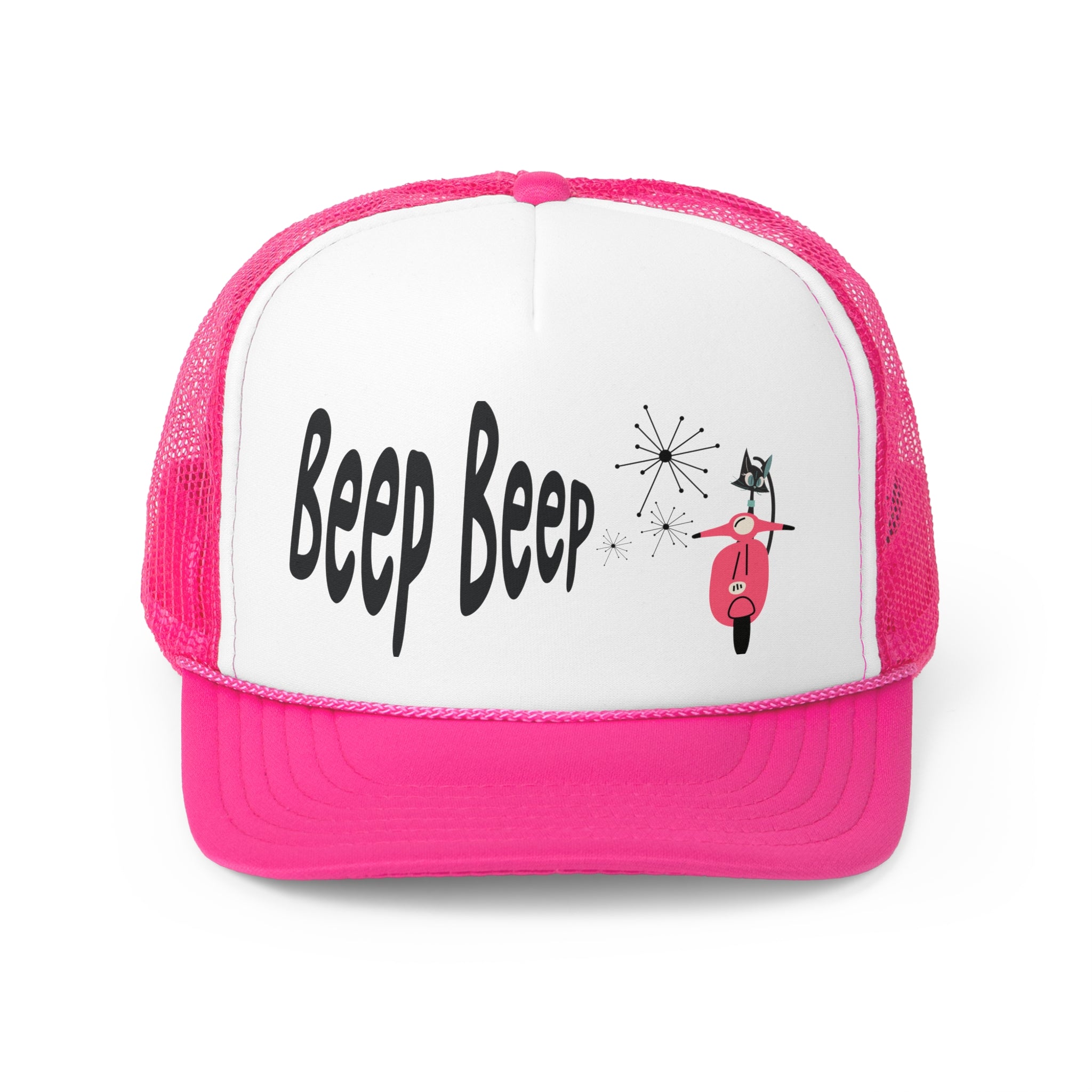 Atomic Cat Funny Beep Beep, Retro Summer Lightweight Trucker Caps, Kitschy Fun Atomic Gift - Mid Century Modern Gal