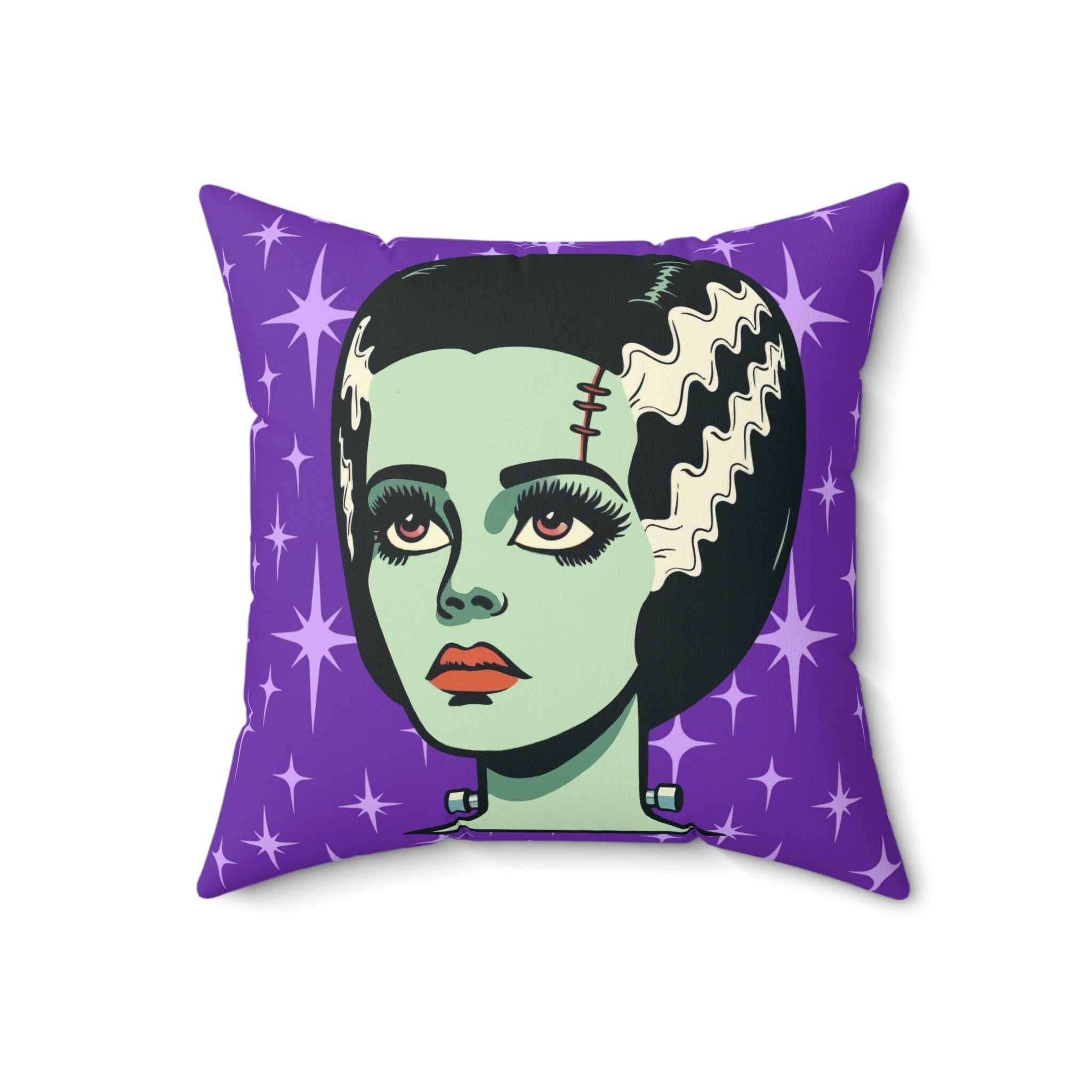 Bride of Frankenstein Retro Mid Mod Horror Buff Purple Halloween Pillow Cover and Insert - Mid Century Modern Gal