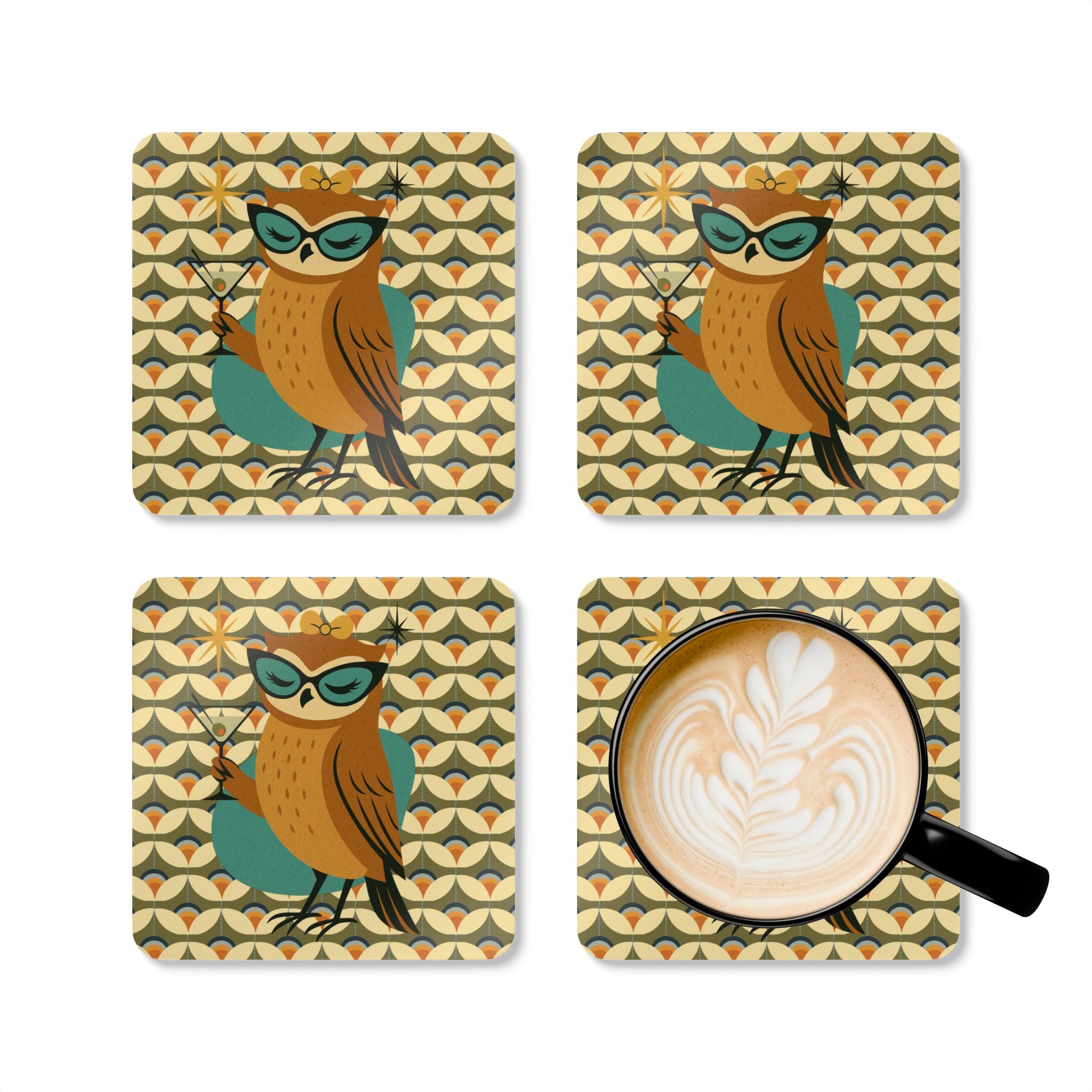 Retro Owl Cocktail Hour, Mid Century Modern Scandinavian Designed MCM Barware Corkwood Coaster Set - Mid Century Modern Gal