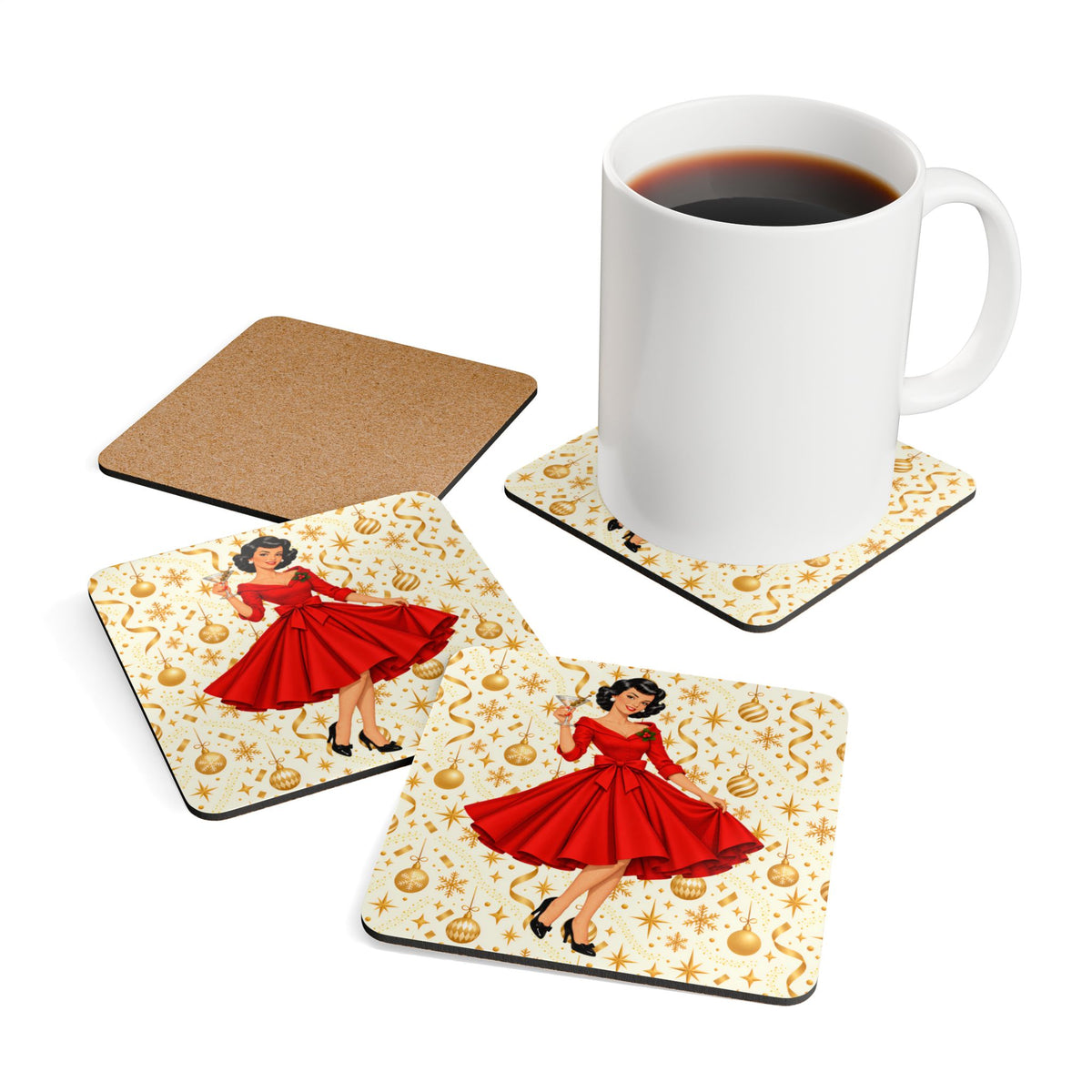 Mid Century Modern Christmas Martini Gal Corkwood Coaster Set