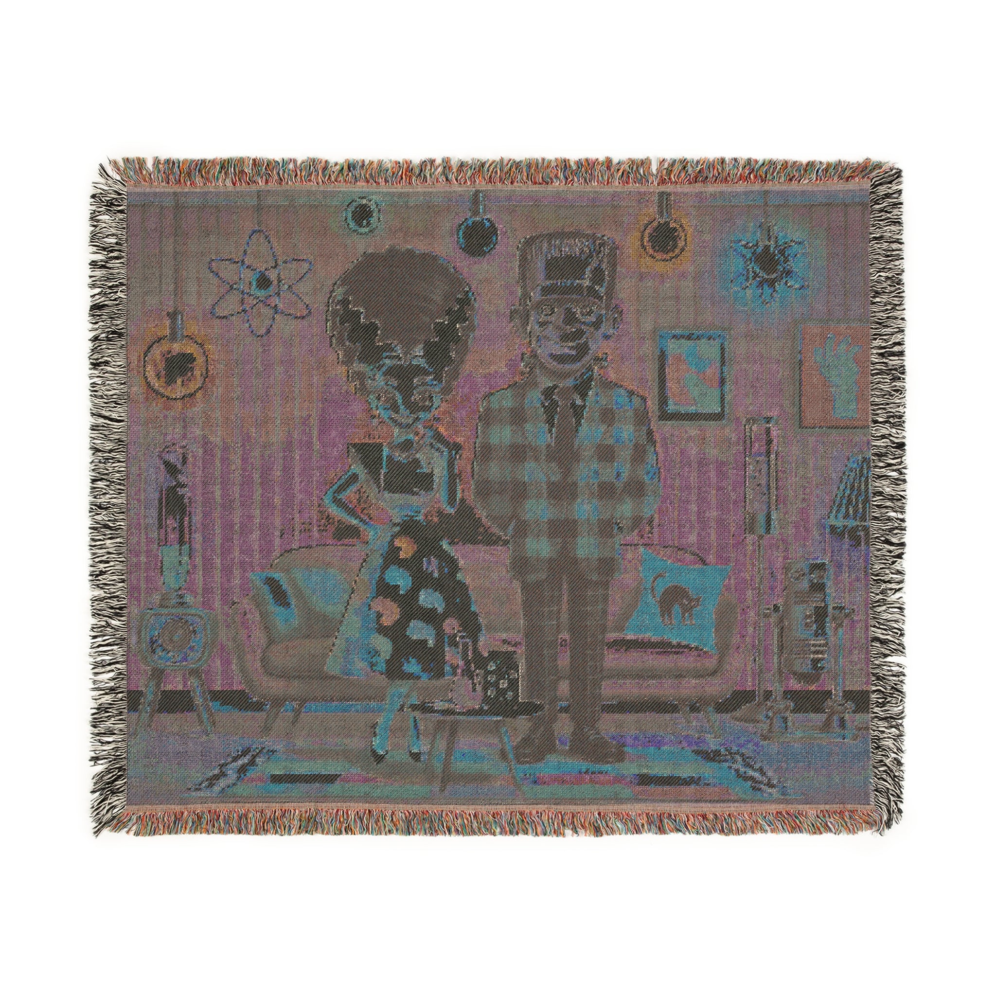 Frankenstein And Bride Woven Blanket, Kitschy Mid Mod Style - Mid Century Modern Gal