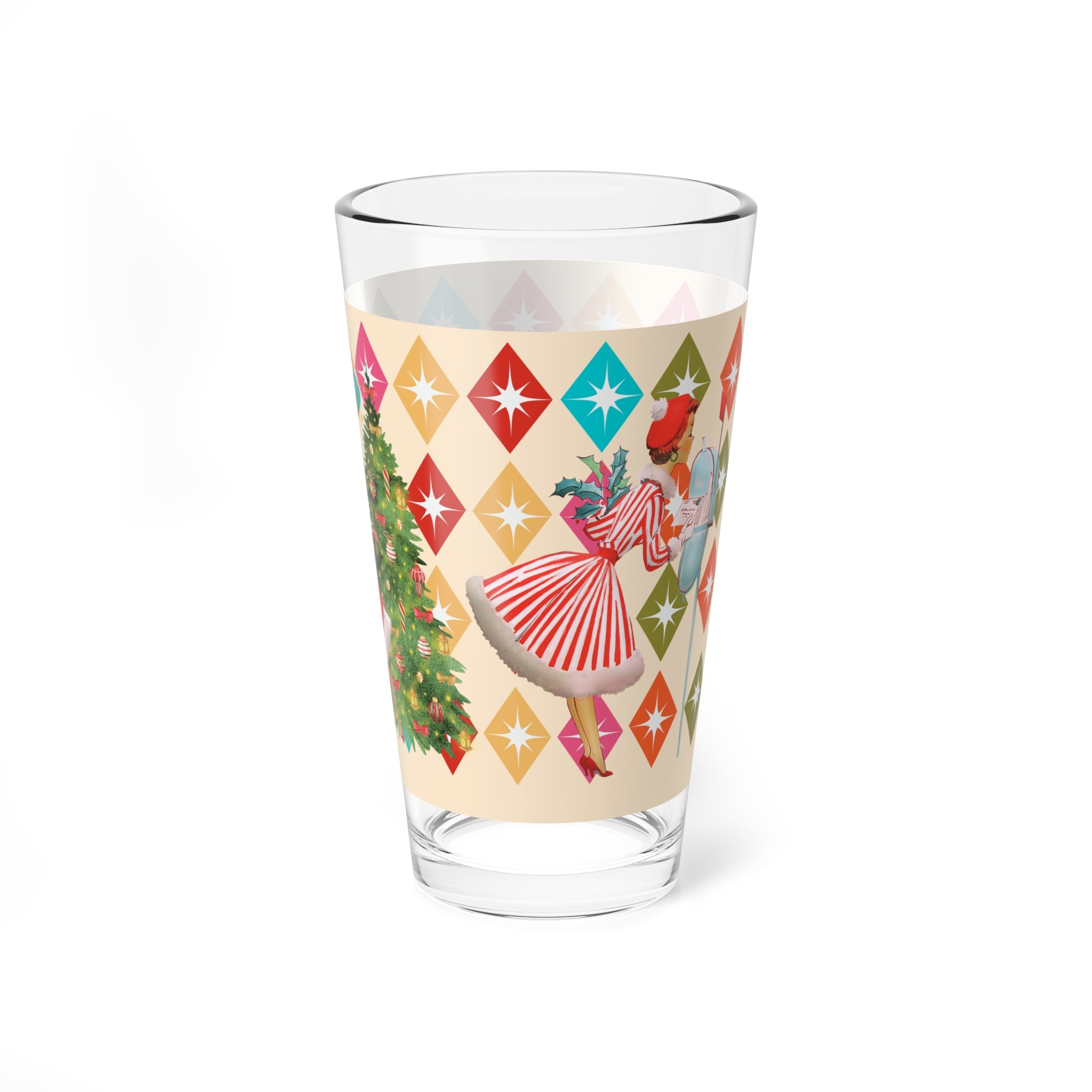 Christmas Mid Century Modern Glass, Holiday Kitsch Drinkware, 50s Atomic Diamond Festive Kitchen Decor, Gift Idea for Holiday Parties - Mid Century Modern Gal