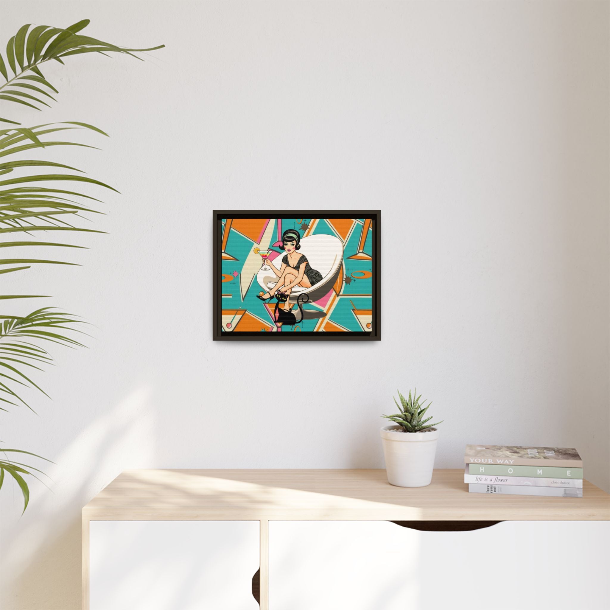 Mid Mod 60s Gal, Atomic Cat Barware Wall Art - Framed Matte Canvas with Vintage Cocktail And Retro Cat Design