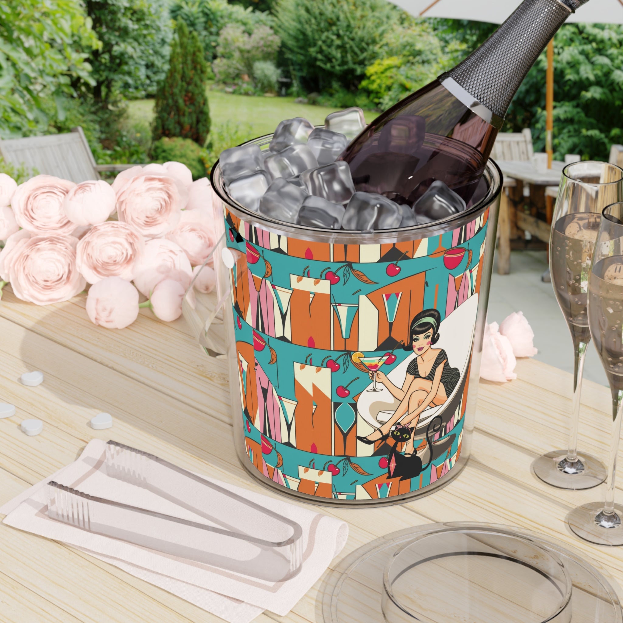 Mid Century Modern Barware Retro Cocktai Kitschy Mod Gal 60s l Ice Bucket with Tongs - Vintage Chic Party Essential - Mid Century Modern Gal