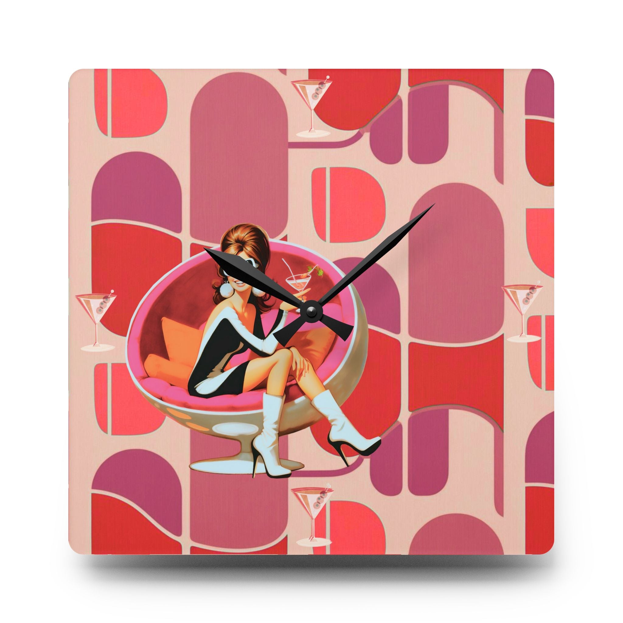60s Mod Gal Retro Atomic Martini Cocktail Mid Century Modern Wall Clock - Mid Century Modern Gal