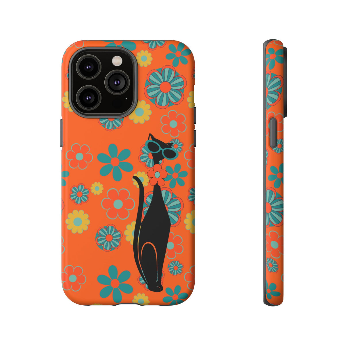 Flower Power, Retro Groovy Atomic Cat, Hipster Style Orange Samsung Galaxy and Google Pixel Tough Cases