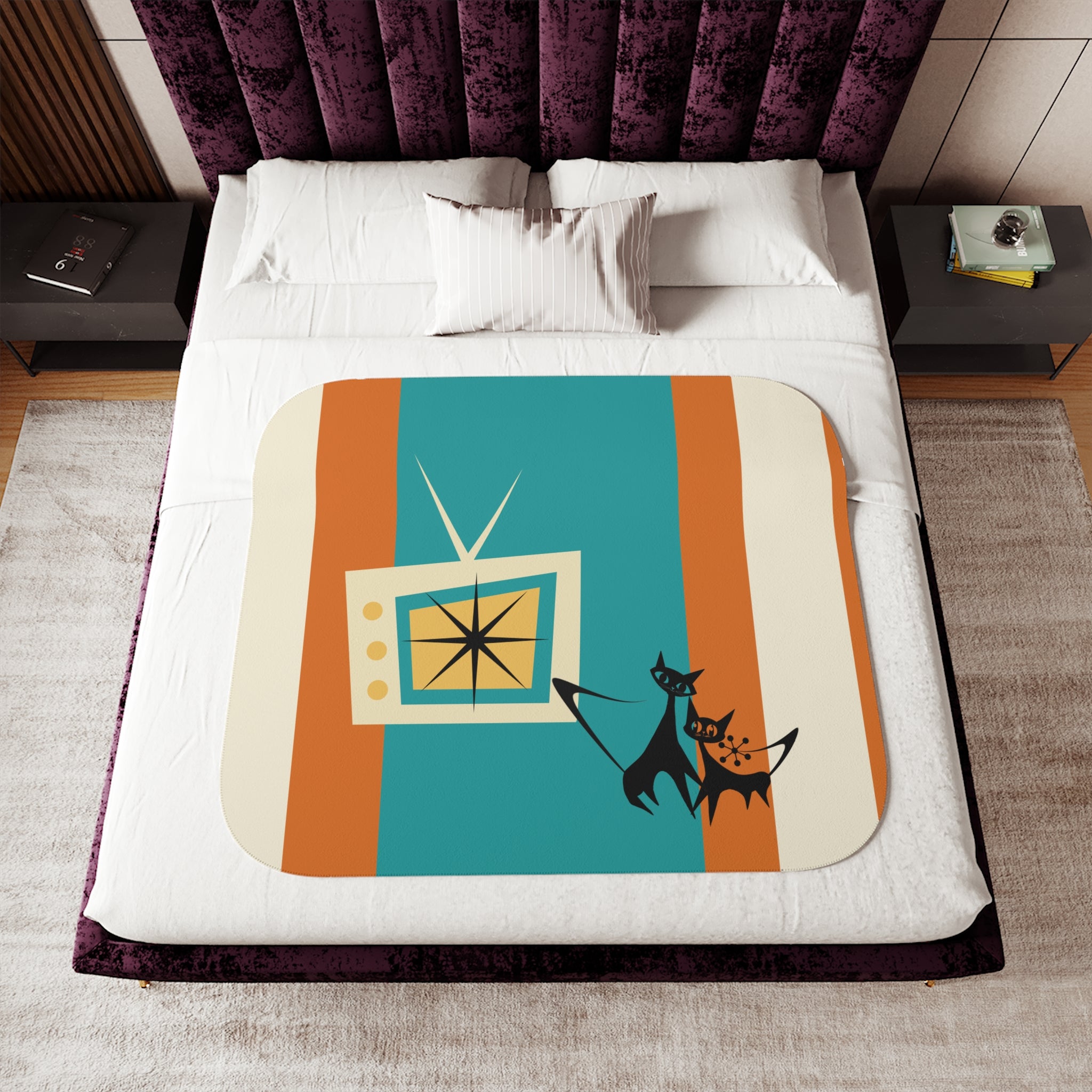 Atomic Kittie Cats, Mid Century Modern Teal, Orange Retro Cozy Cat-Themed Sherpa Blanket - Mid Century Modern Gal