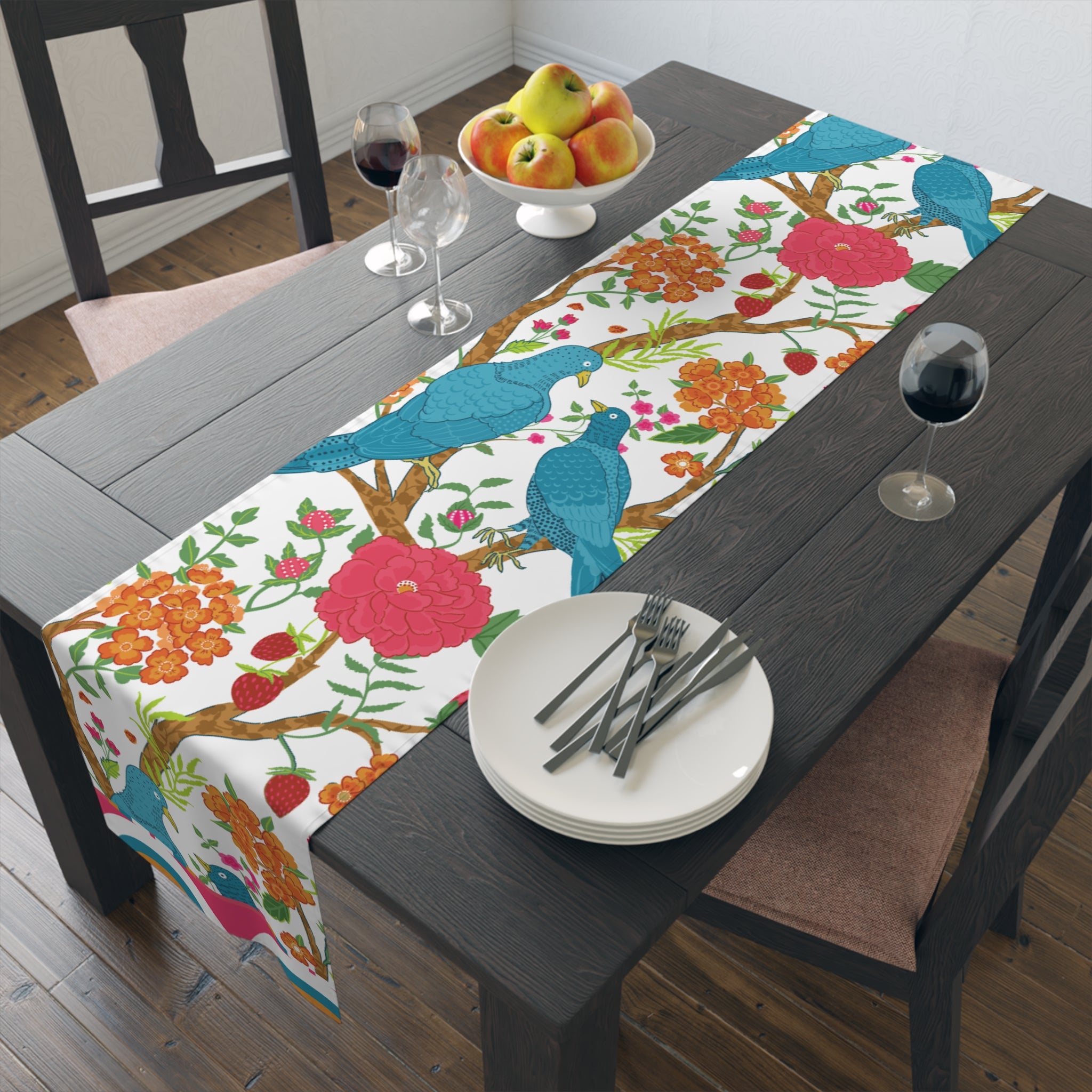 Exotic Birds In Paradise, Pink Golden, Blue Chinoiserie Table Runner - Mid Century Modern Gal