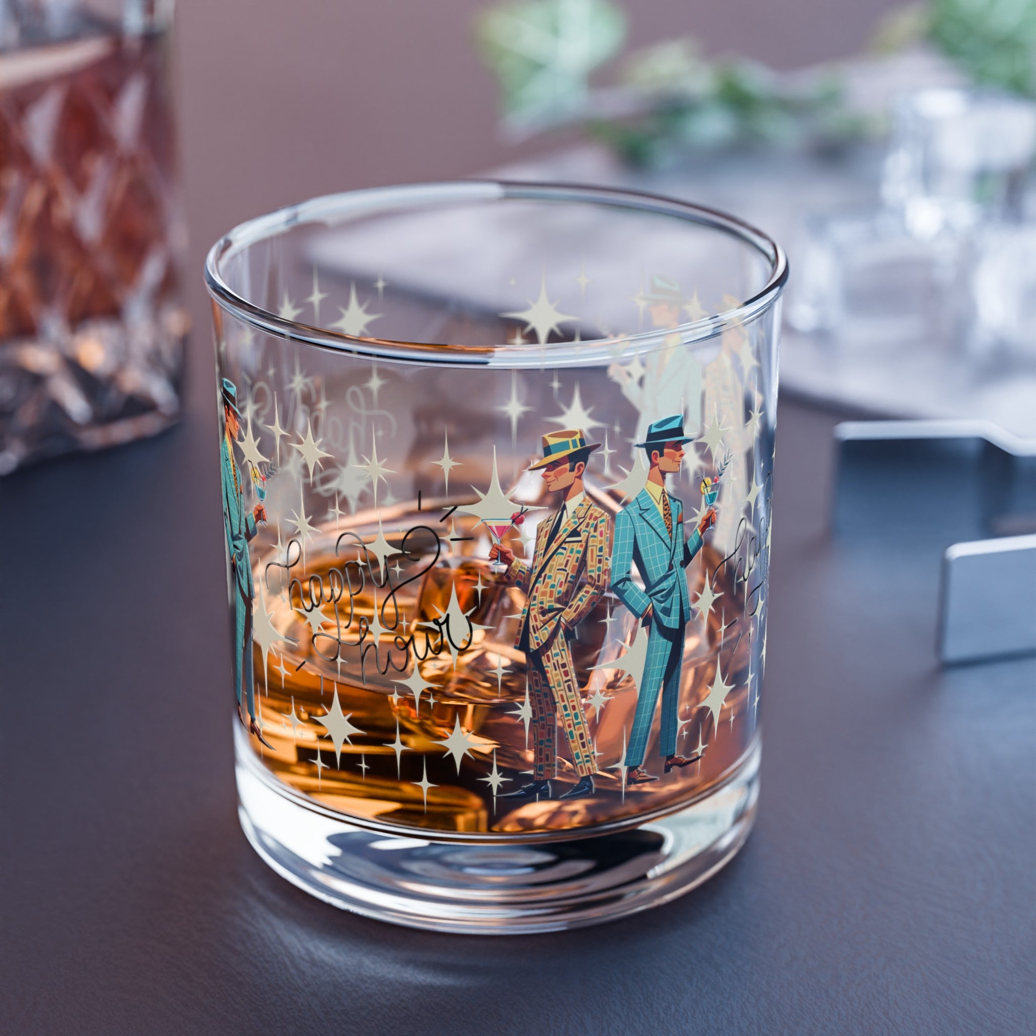 Mid Century Dapper Dudes, Gay Male Couple, Atomic Starburst Happy Hour Rock Glass, 10oz - Mid Century Modern Gal