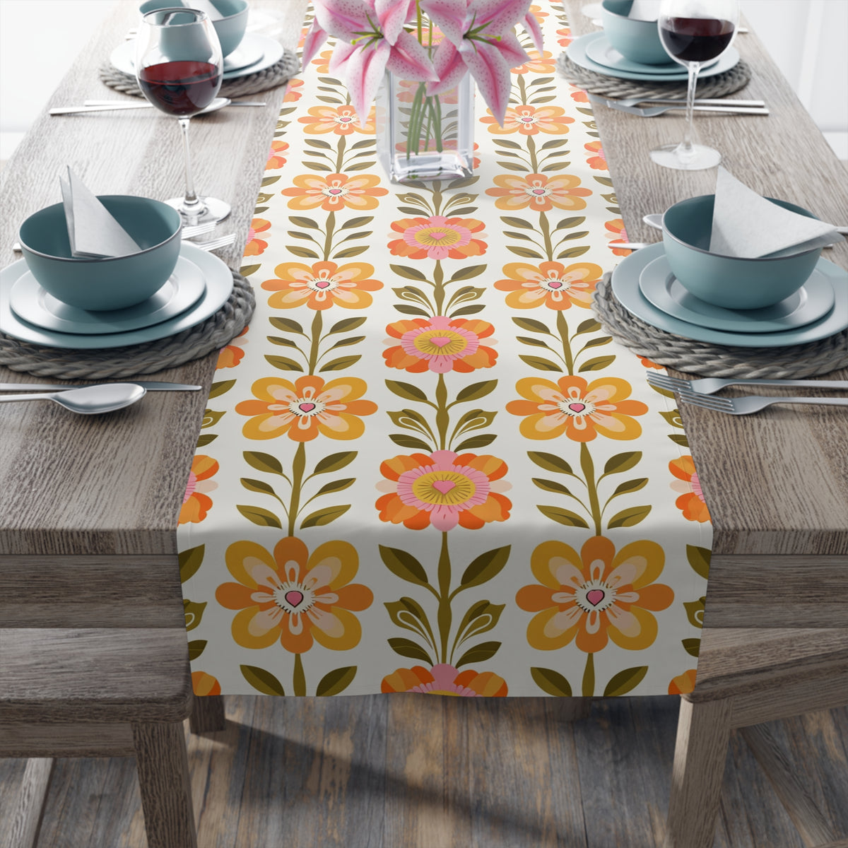 Mid Century Modern Scandinavian Floral Orange Yellow Green Boho Floral Table Runner - Mid Century Modern Gal