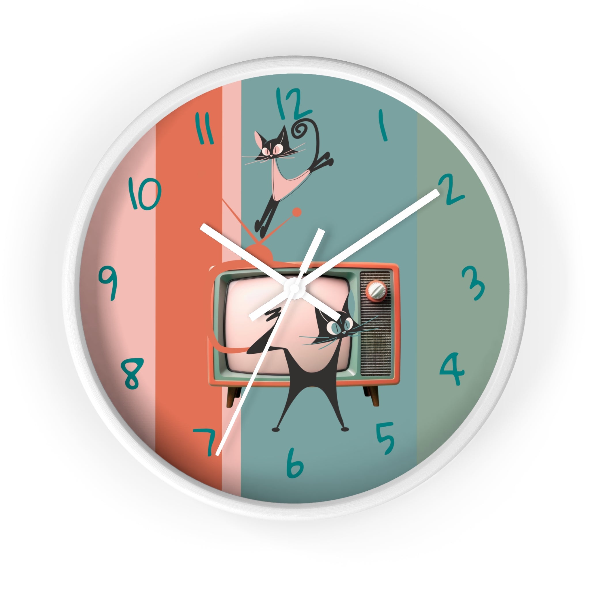 Atomic Cat Wall Clock, Mid Century Modern TV, Kitschy Black Cats, Whimsical Retro Cat Mom Gift For Bedroom, Livingroom, Kitchen - Mid Century Modern Gal