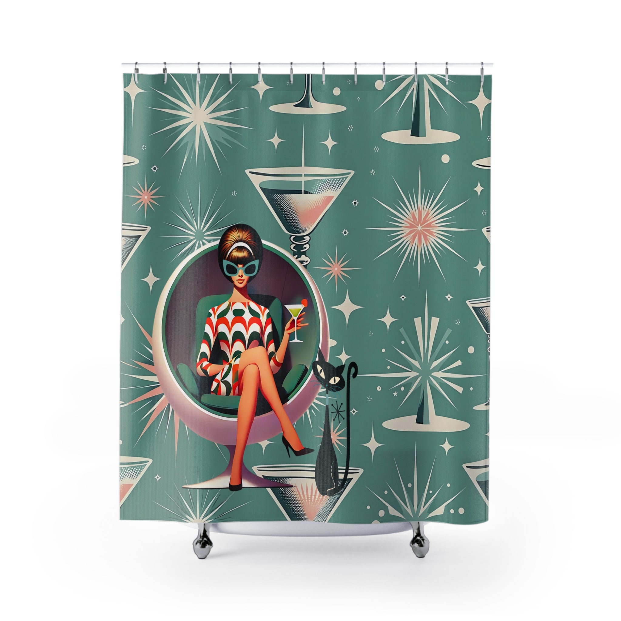 Retro Mod Gal 60s Glamour Shower Curtain with Cocktail Design - Mid Century Modern Gal