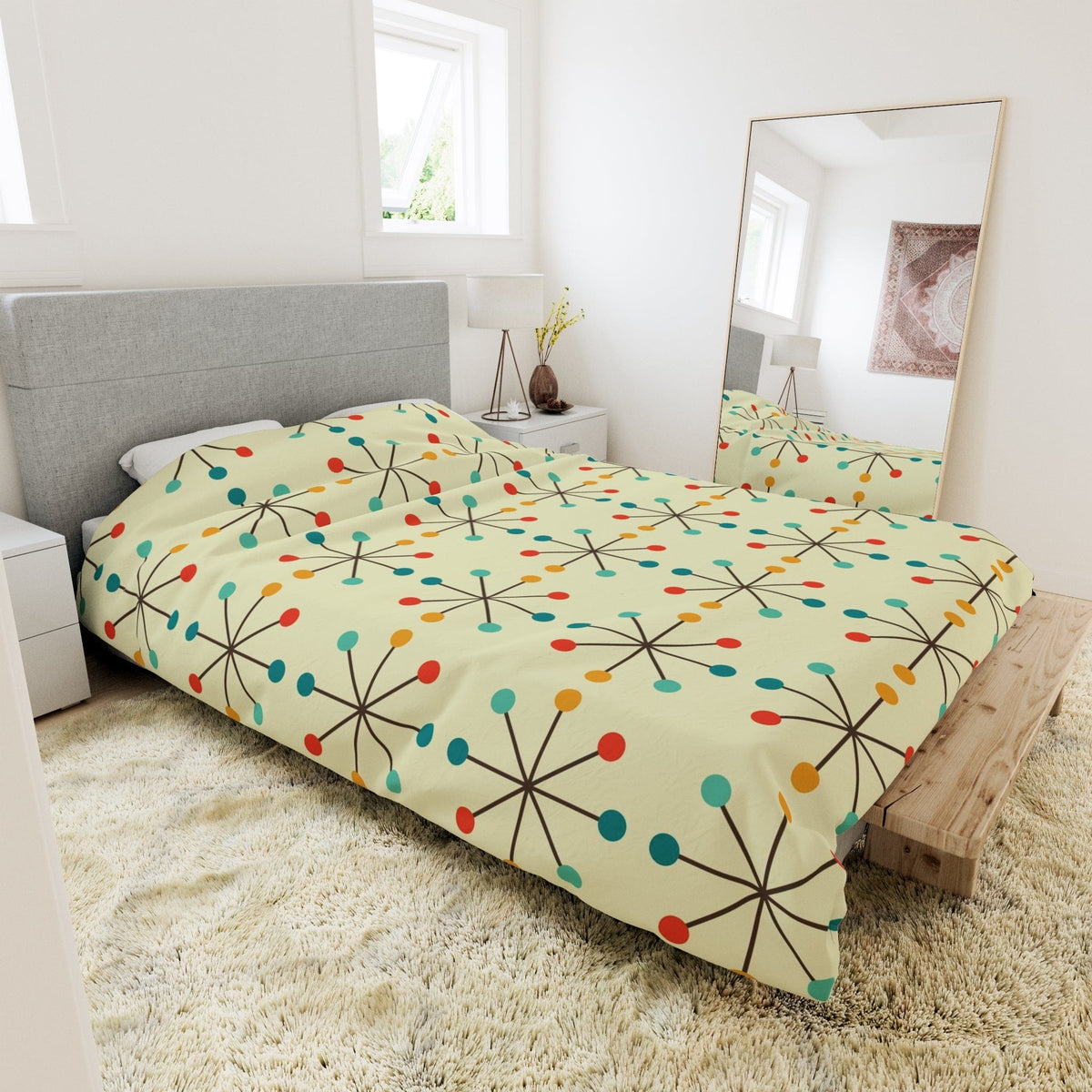 Mid Century Modern Bedding, Atomic Clock, Retro 50's Era King Size Comforter 104" × 88"