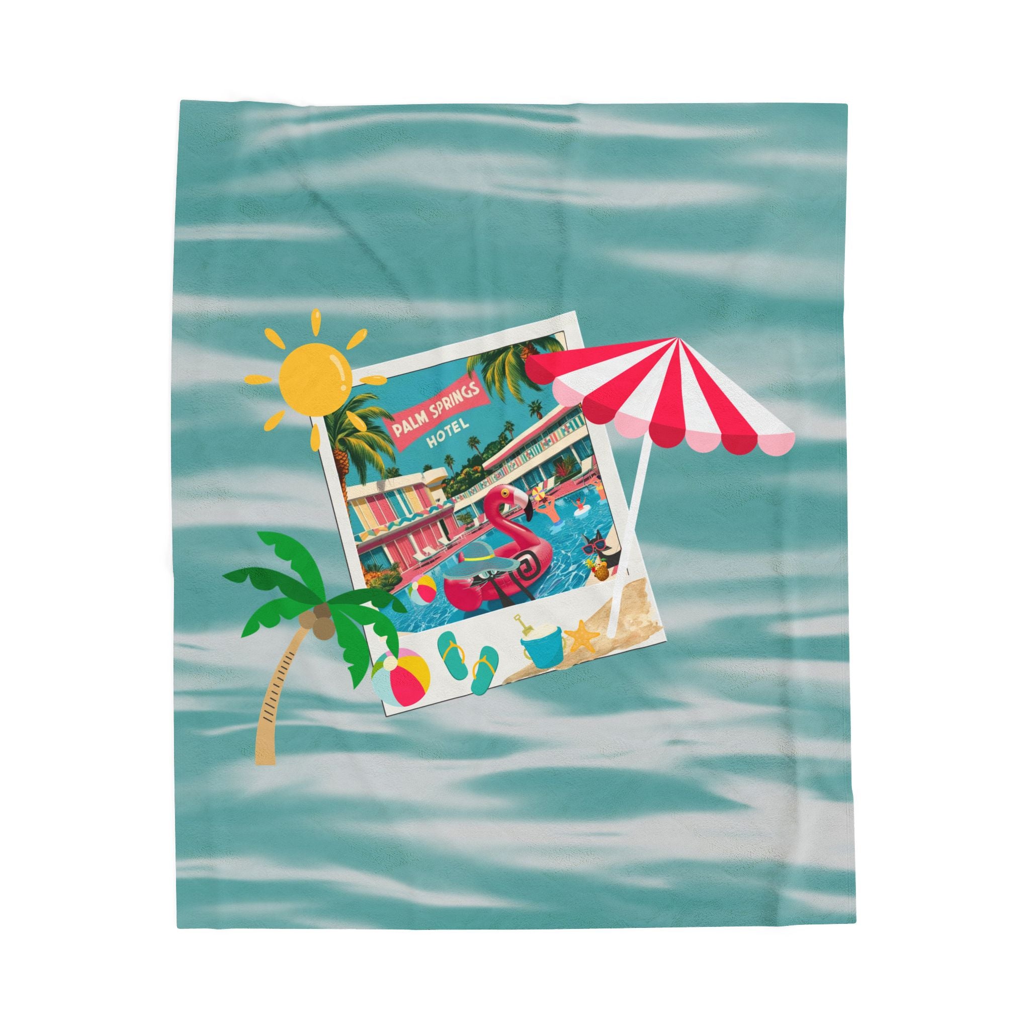 Palm Springs Hotel Retro Mod Flamingo And Atomic Cats, Tropical Getaway Velveteen Plush Blanket - Perfect for Beach Days and Cozy Nights - Mid Century Modern Gal