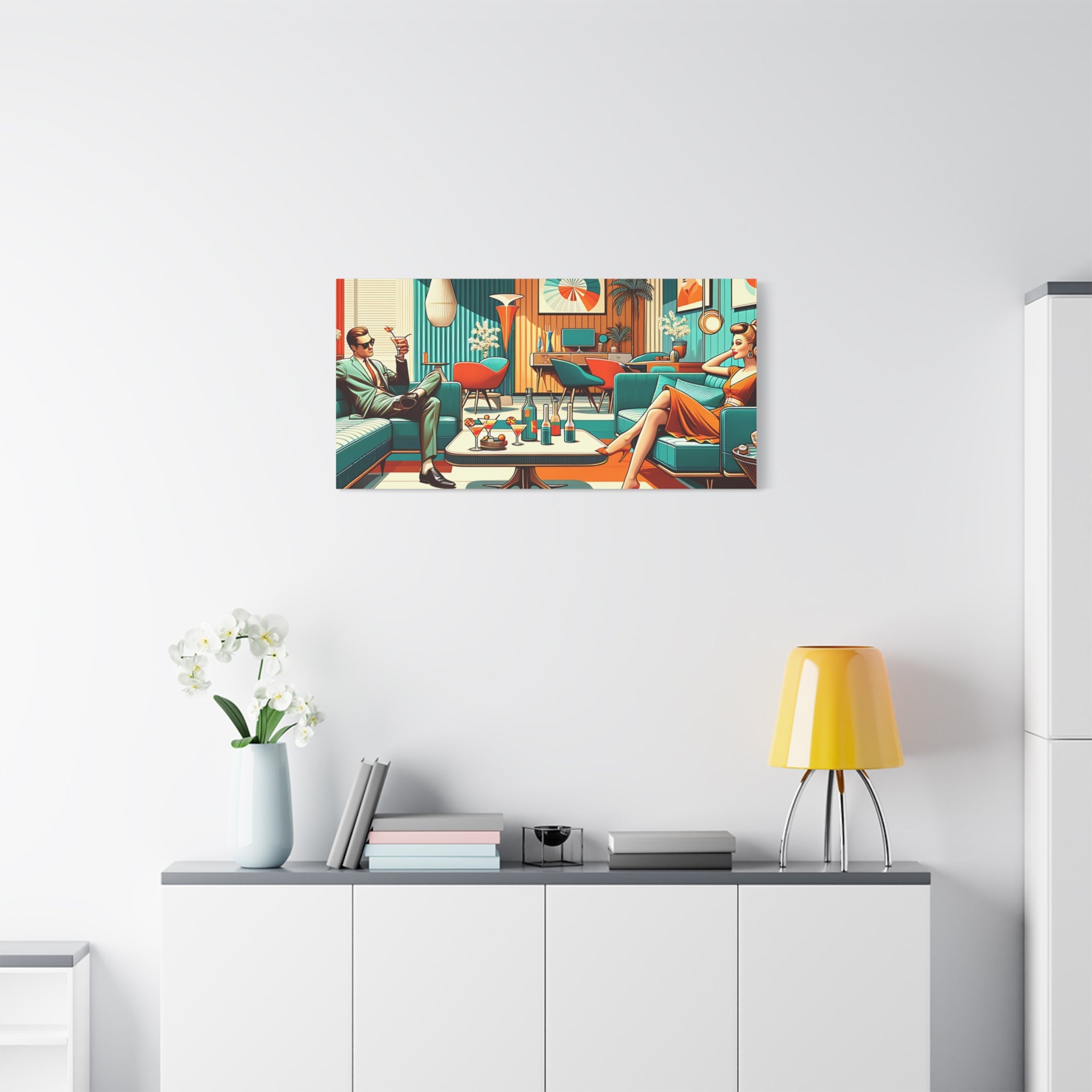 Retro Chic Canvas Art | Vintage Lounge Decor, Mid-Century Home, Wall Art for Living Room, Cocktail Party Vibe, Gift for Her - Mid Century Modern Gal