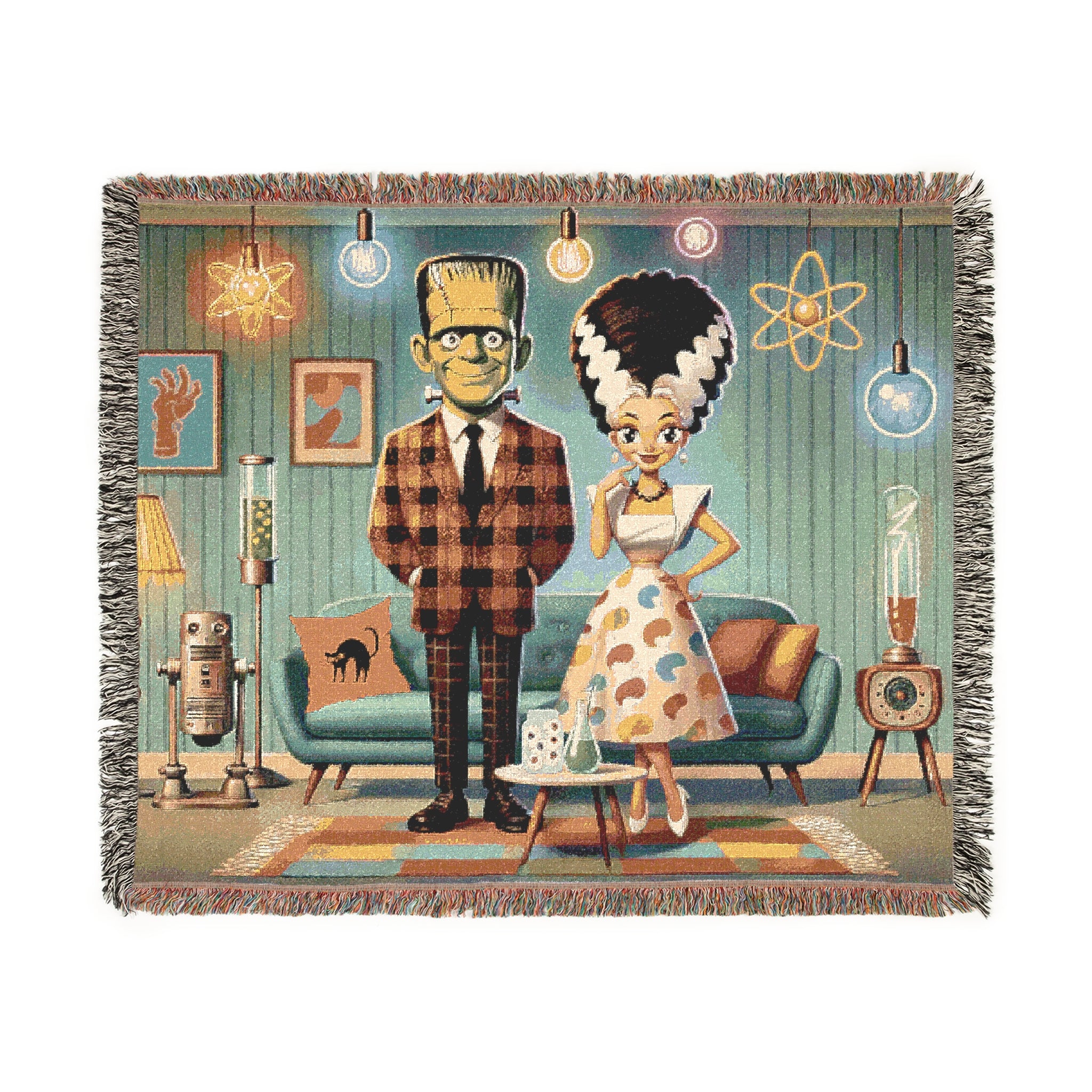 Frankenstein And Bride Woven Blanket, Kitschy Mid Mod Style - Mid Century Modern Gal