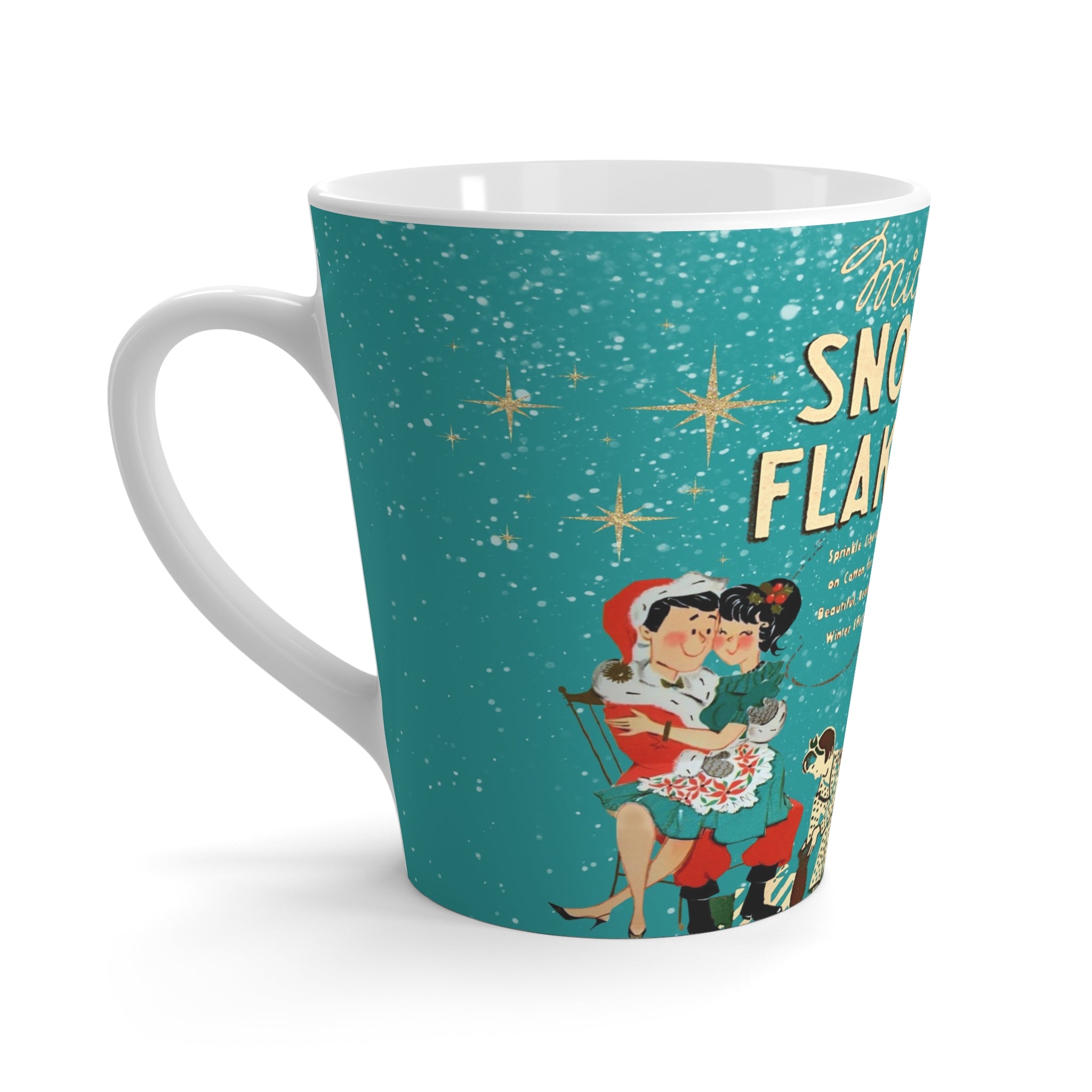 Vintage Mica Snow Flakes, Kitschy Mod 50s Vintage Ad Latte Mug - Mid Century Modern Gal