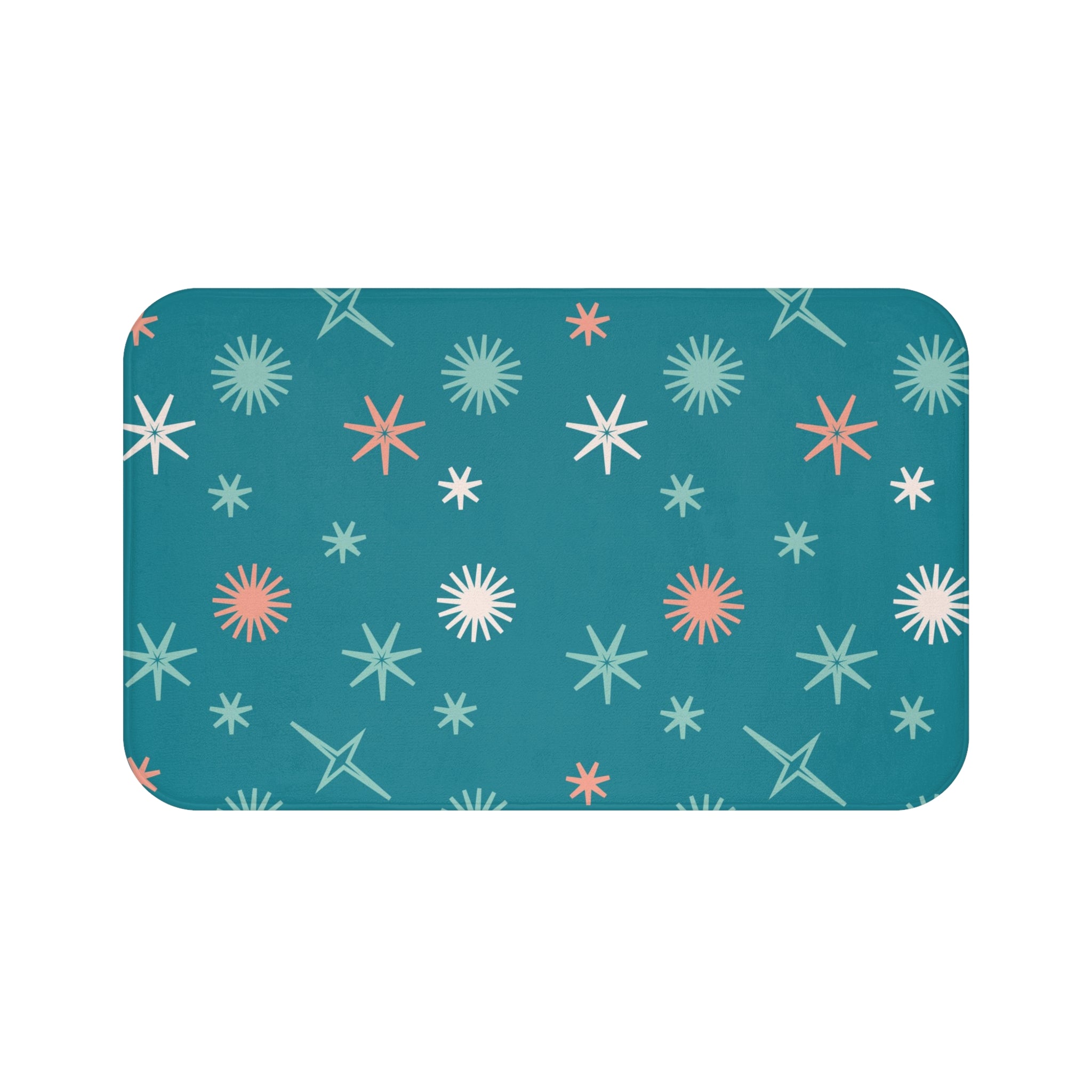 Mid Century Modern Starburst Bath Mat In Teal, Coral Pink, White Kitschy Fun Bath Decor - Mid Century Modern Gal