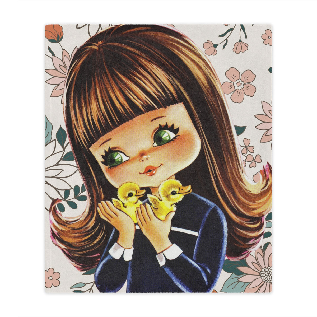 70's Groovy Style, Big Eyed Girl, Brown Hair, Flower Power, Baby Ducklings, Retro 1970's Home Decor Minky Blanket - Mid Century Modern Gal