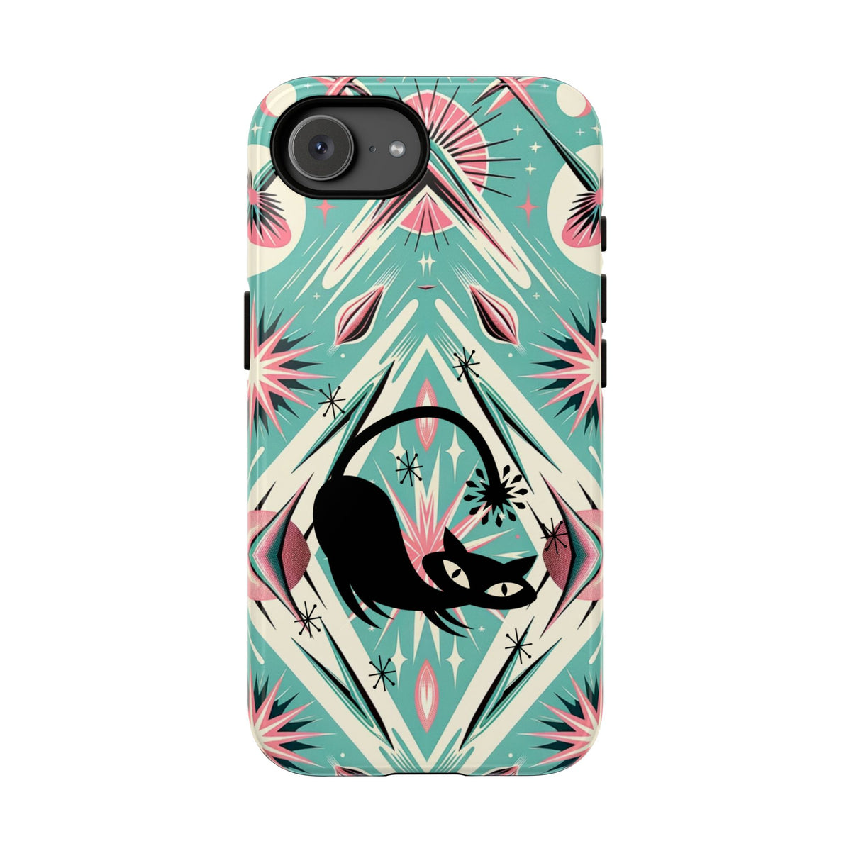 Atomic Cat, Mid Century Modern Aqua Blue, Pink, Starbursts Tough Phone Case