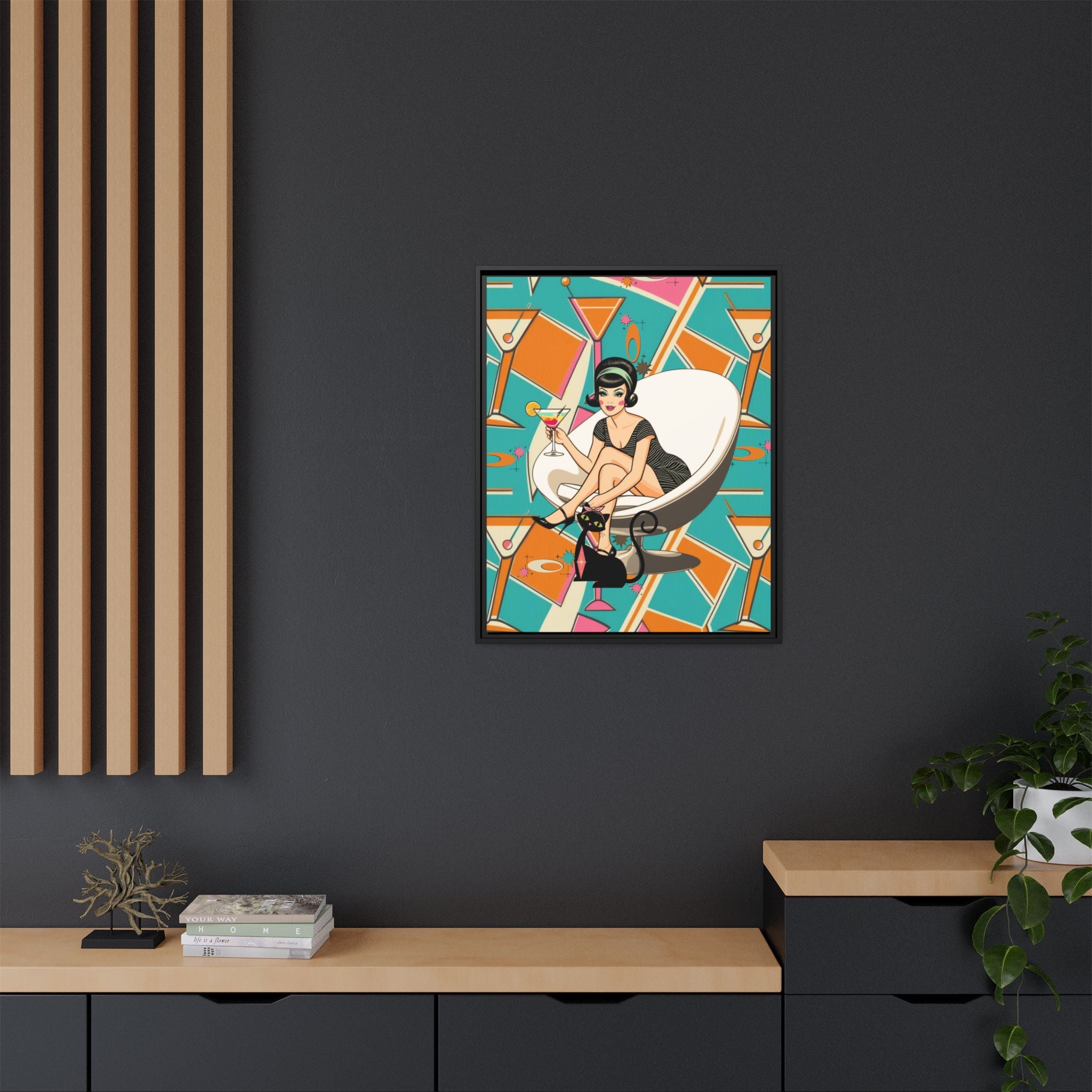 Mid Mod 60s Gal, Atomic Cat Barware Wall Art - Framed Matte Canvas with Vintage Cocktail And Retro Cat Design