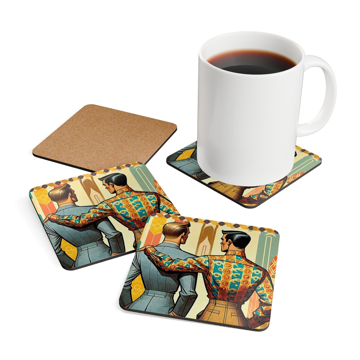 Mid Century Modern Tabletop Gentleman Gay Male Couple Kitschy Retro Corkwood Coaster Set - Mid Century Modern Gal