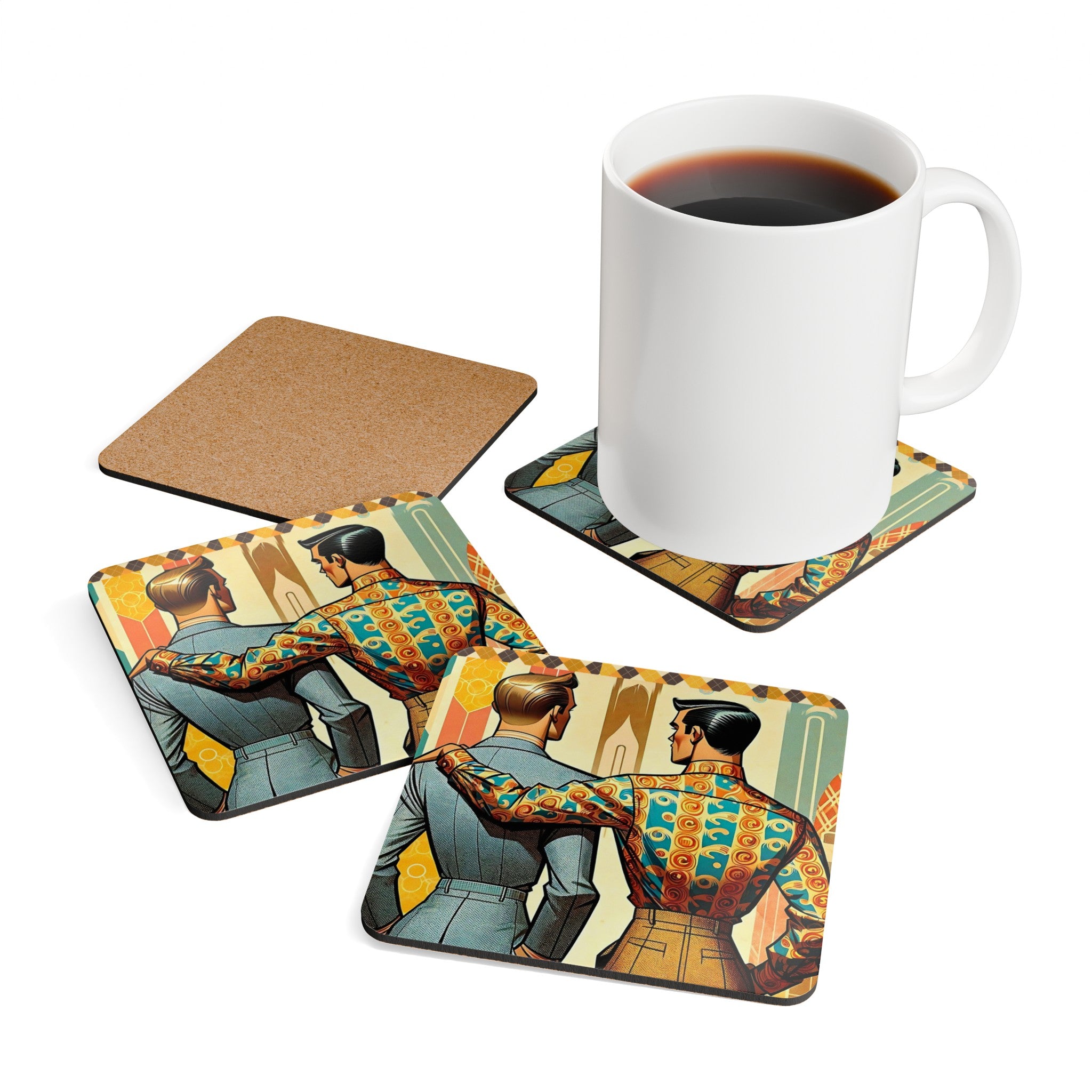 Mid Century Modern Tabletop Gentleman Gay Male Couple Kitschy Retro Corkwood Coaster Set - Mid Century Modern Gal