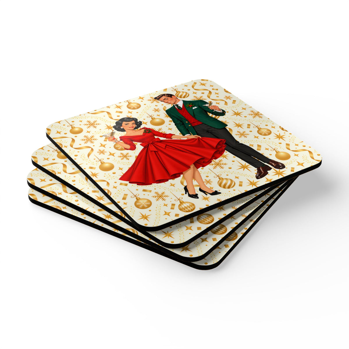 Mid Century Modern Christmas Party Martini Couple Corkwood Coaster Set - Mid Century Modern Gal