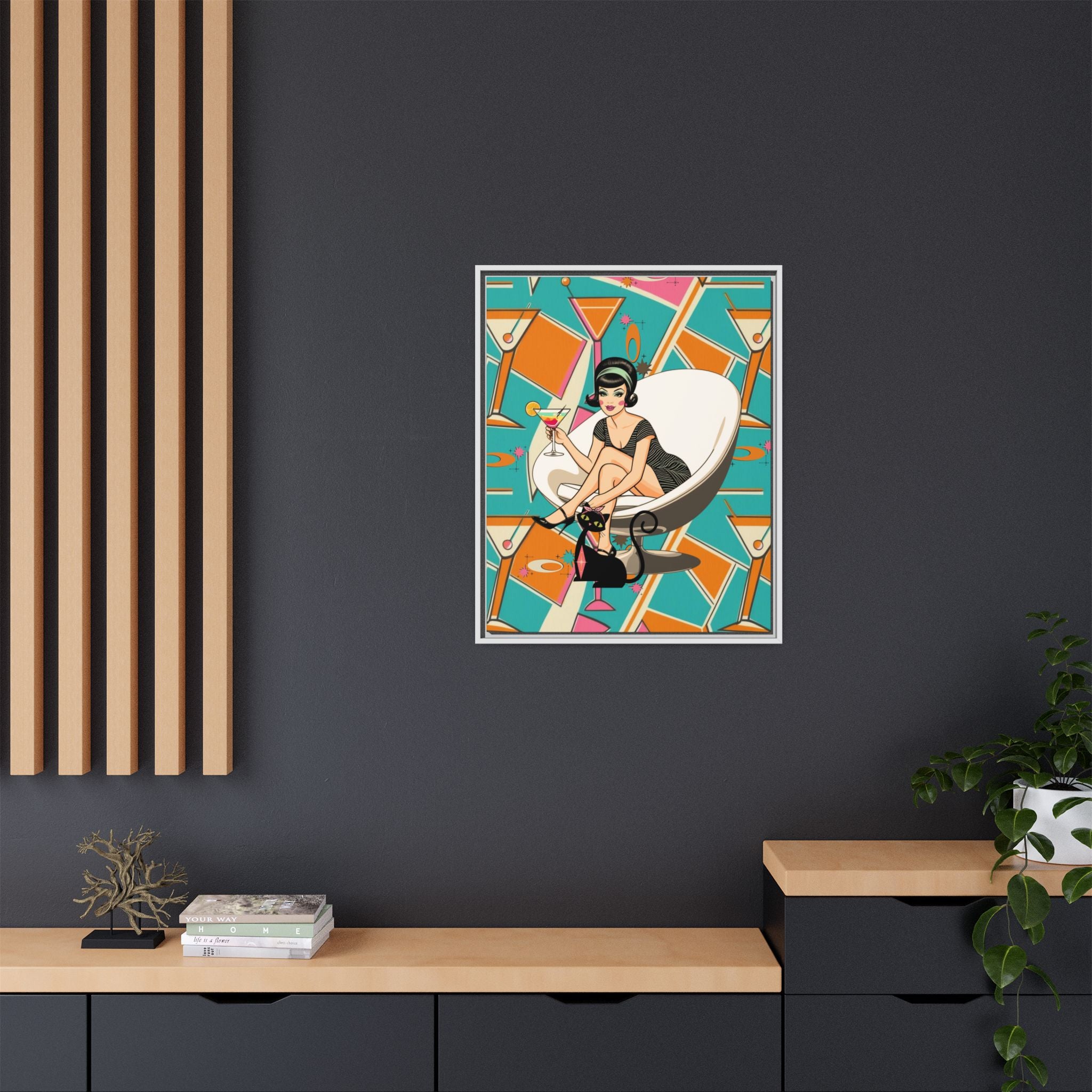 Mid Mod 60s Gal, Atomic Cat Barware Wall Art - Framed Matte Canvas with Vintage Cocktail And Retro Cat Design