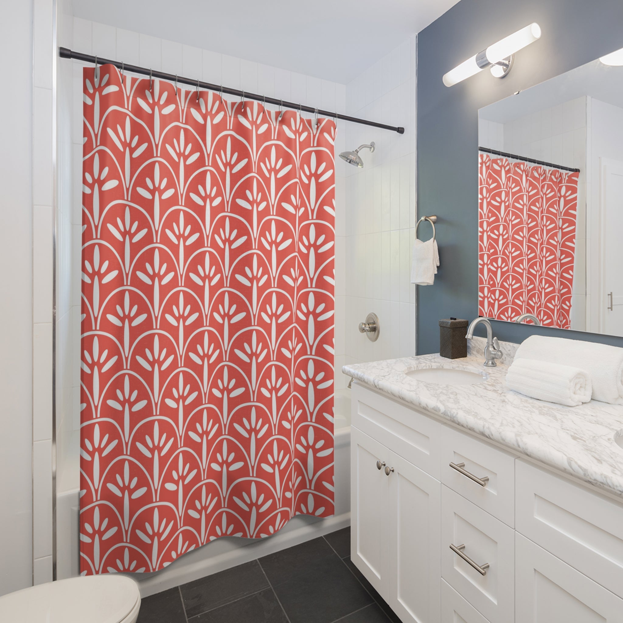 Art Deco Modern Coral Vibrant Floral Shower Curtain - Mid Century Modern Gal