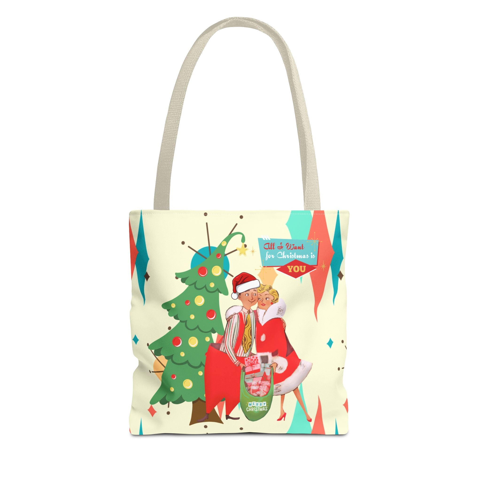 Christmas Couples Tote Bag, Cute Holiday Gift, Fun Shopping Bag, Joyful Christmas Decor, Merry Tote for Party Use - Mid Century Modern Gal
